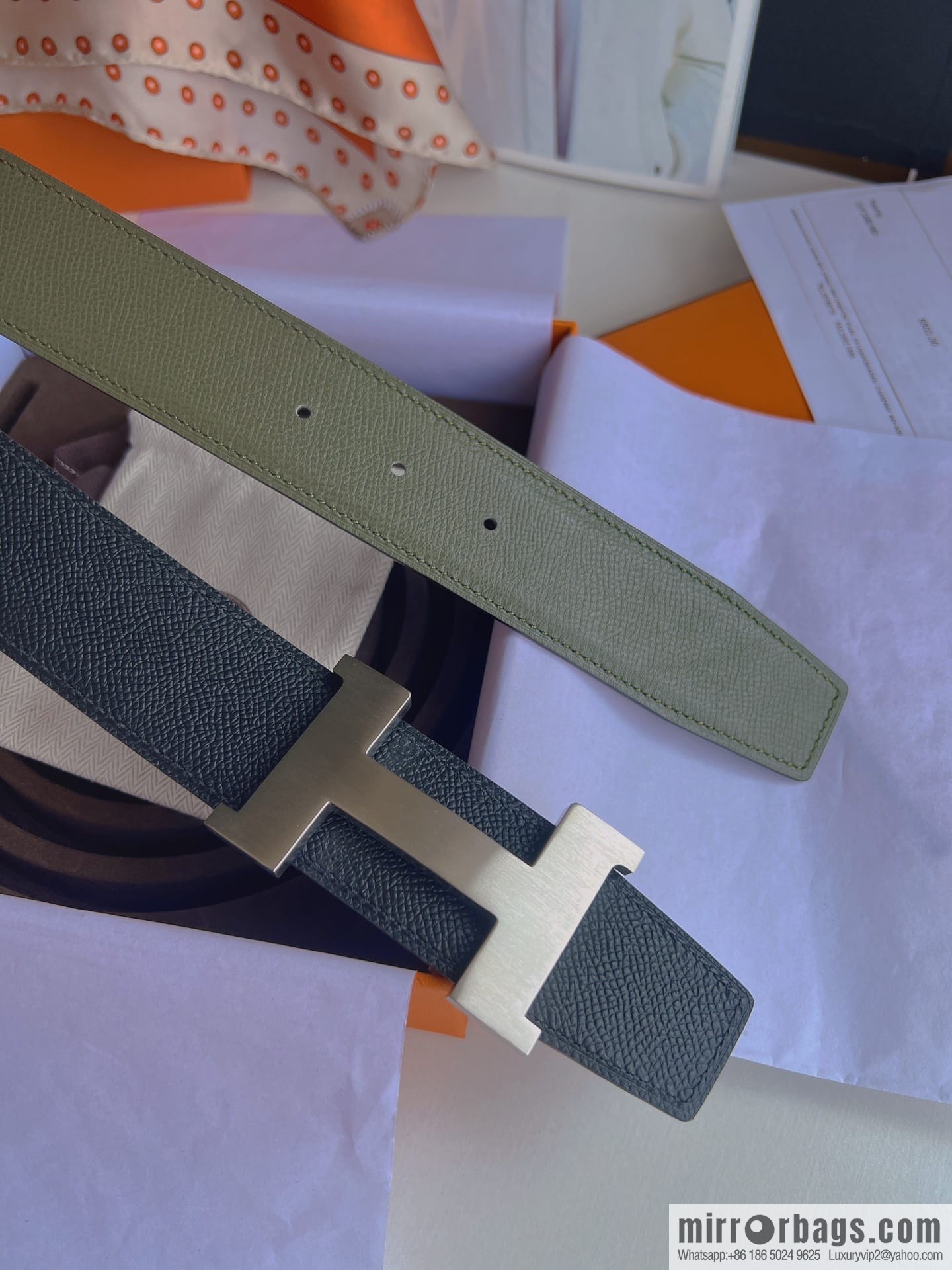 Hermes, Stainless Steel Quad Solder Joint Metal Buckle 38mm Double Sided Leather Belt