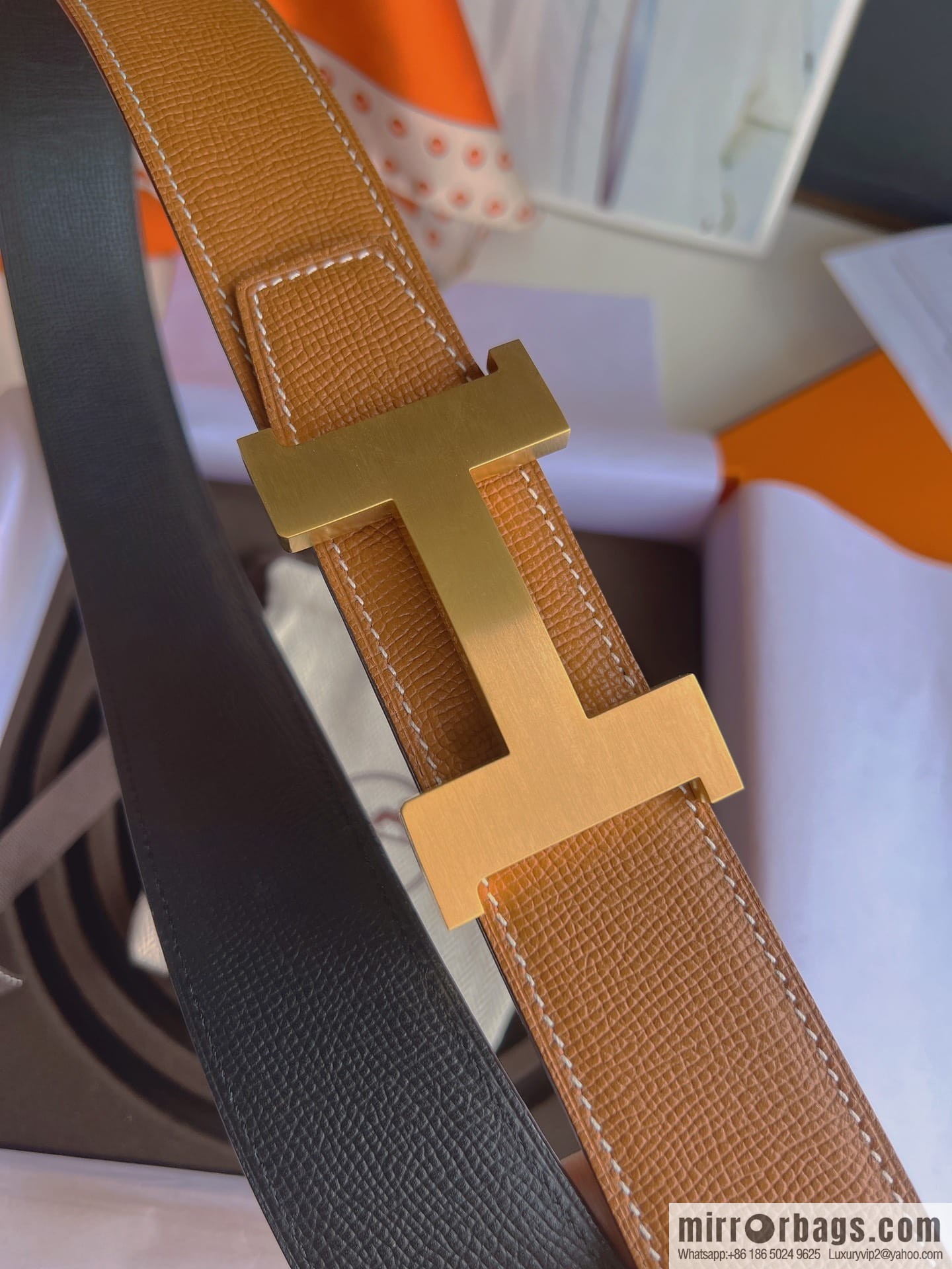 Hermes, Stainless Steel Quad Solder Joint Metal Buckle 38mm Double Sided Leather Belt