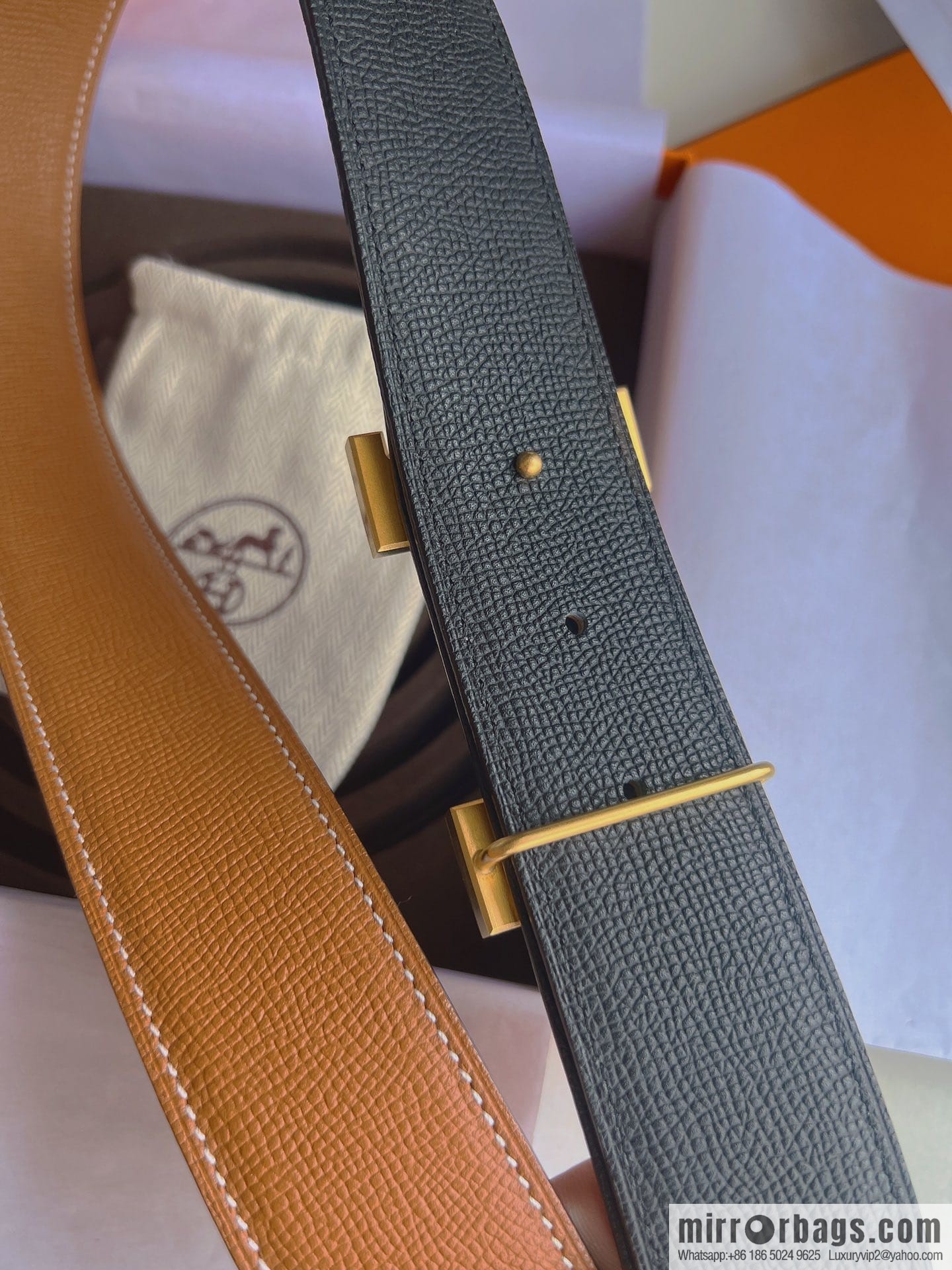 Hermes, Stainless Steel Quad Solder Joint Metal Buckle 38mm Double Sided Leather Belt