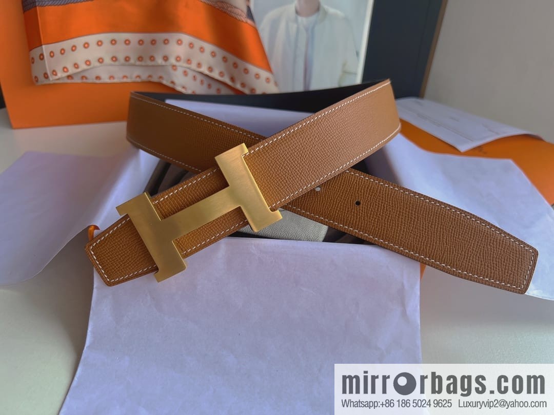 Hermes, Stainless Steel Quad Solder Joint Metal Buckle 38mm Double Sided Leather Belt