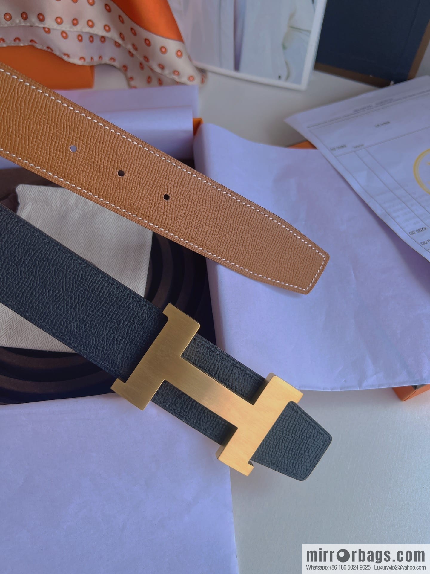 Hermes, Stainless Steel Quad Solder Joint Metal Buckle 38mm Double Sided Leather Belt