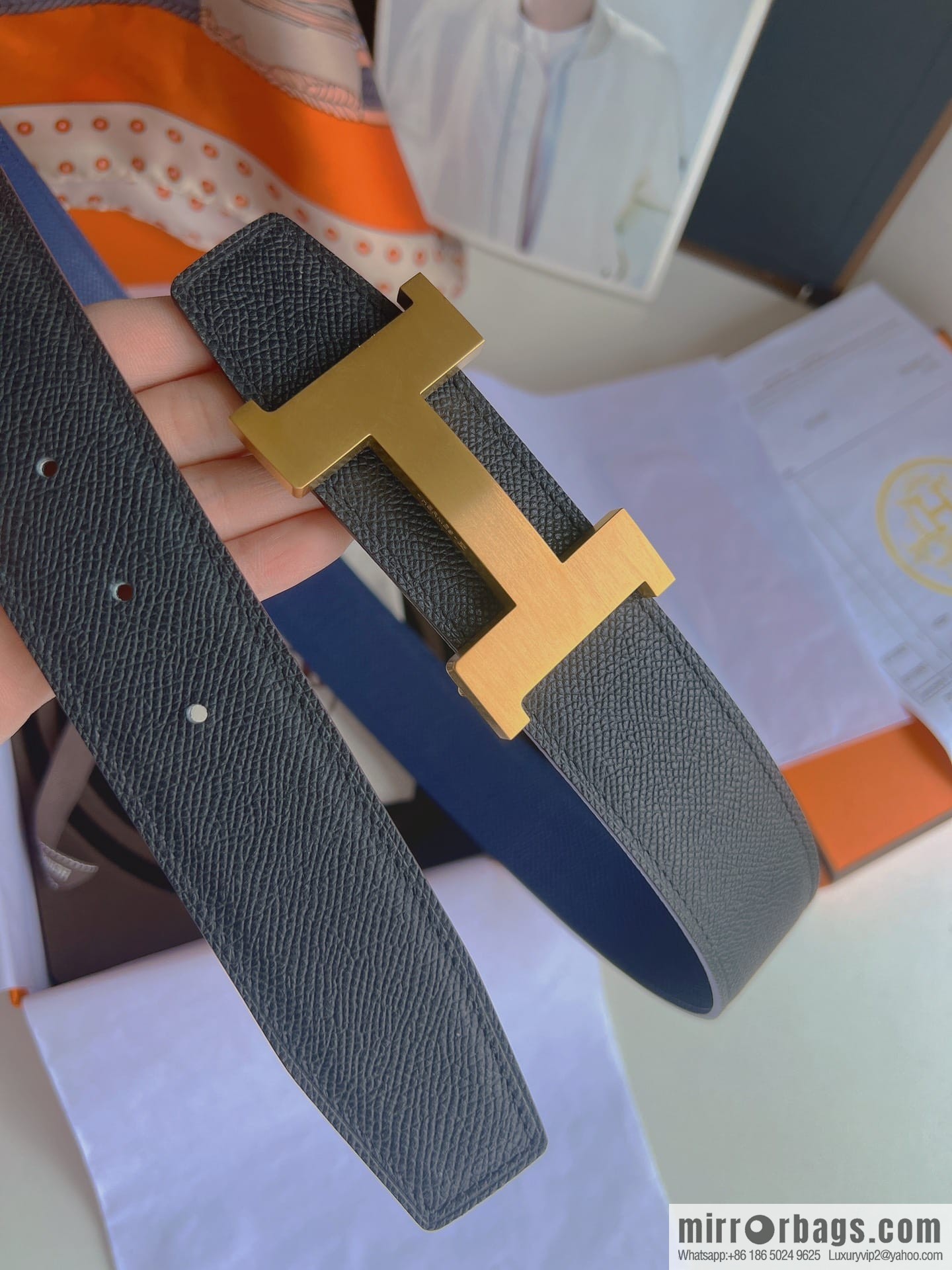 Hermes, Stainless Steel Quad Solder Joint Metal Buckle 38mm Double Sided Leather Belt