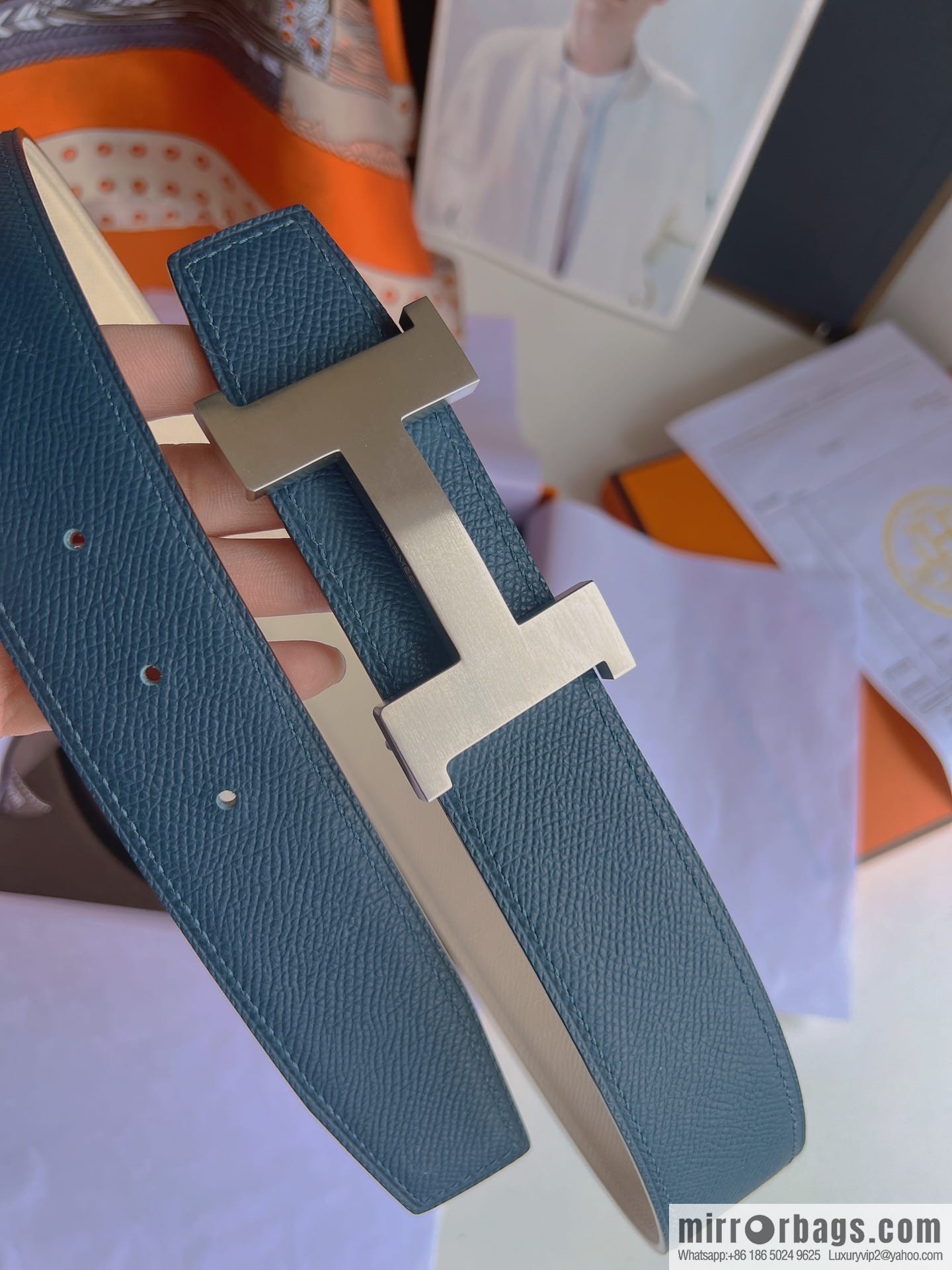 Hermes, Stainless Steel Quad Solder Joint Metal Buckle 38mm Double Sided Leather Belt