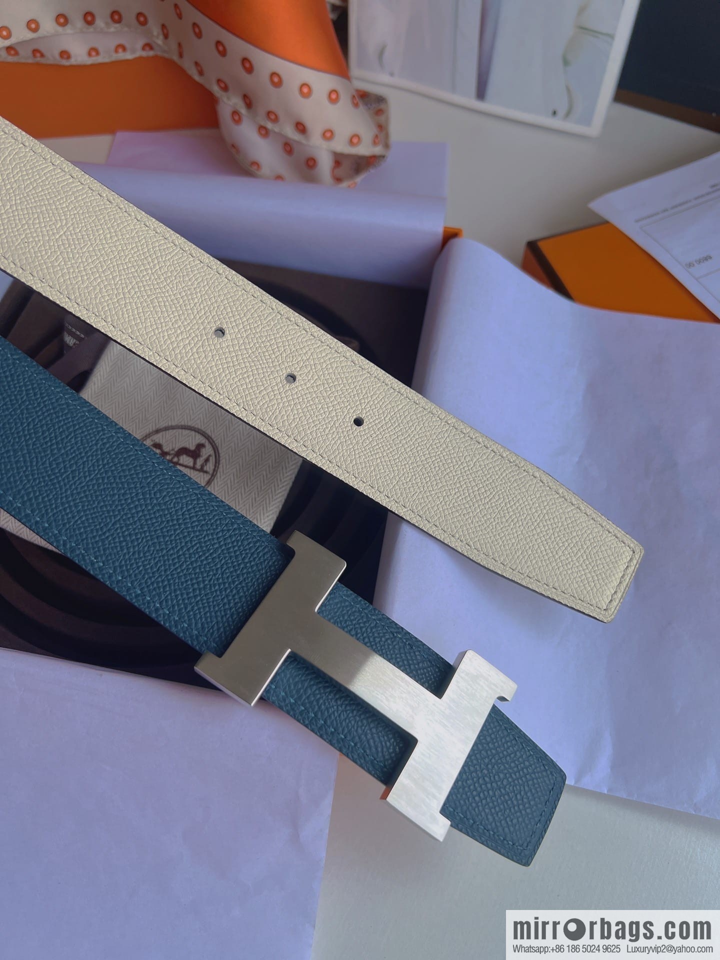 Hermes, Stainless Steel Quad Solder Joint Metal Buckle 38mm Double Sided Leather Belt