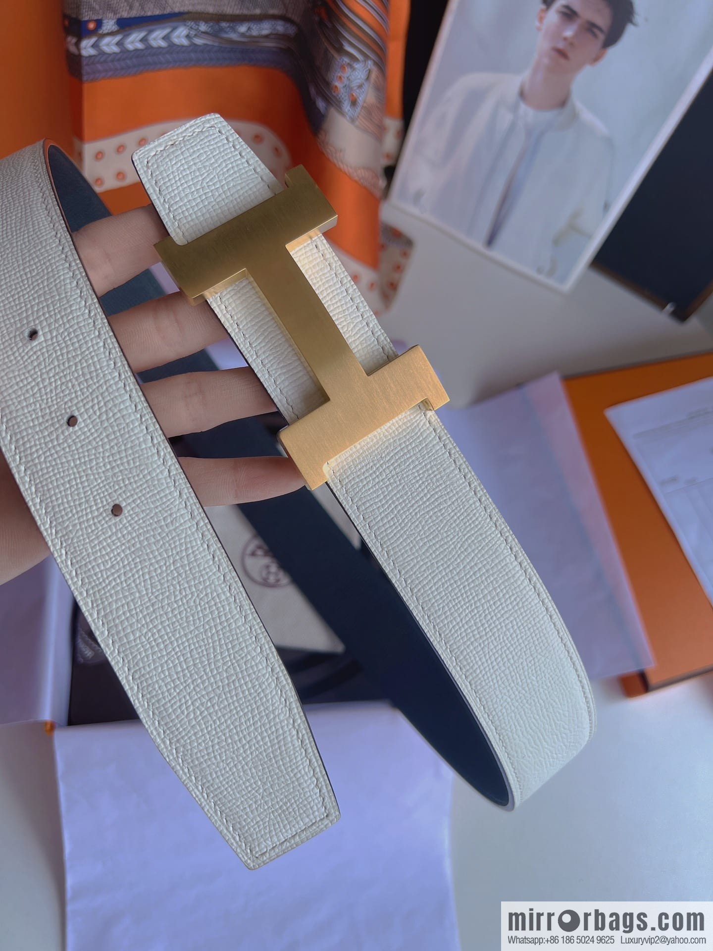 Hermes, Stainless Steel Quad Solder Joint Metal Buckle 38mm Double Sided Leather Belt