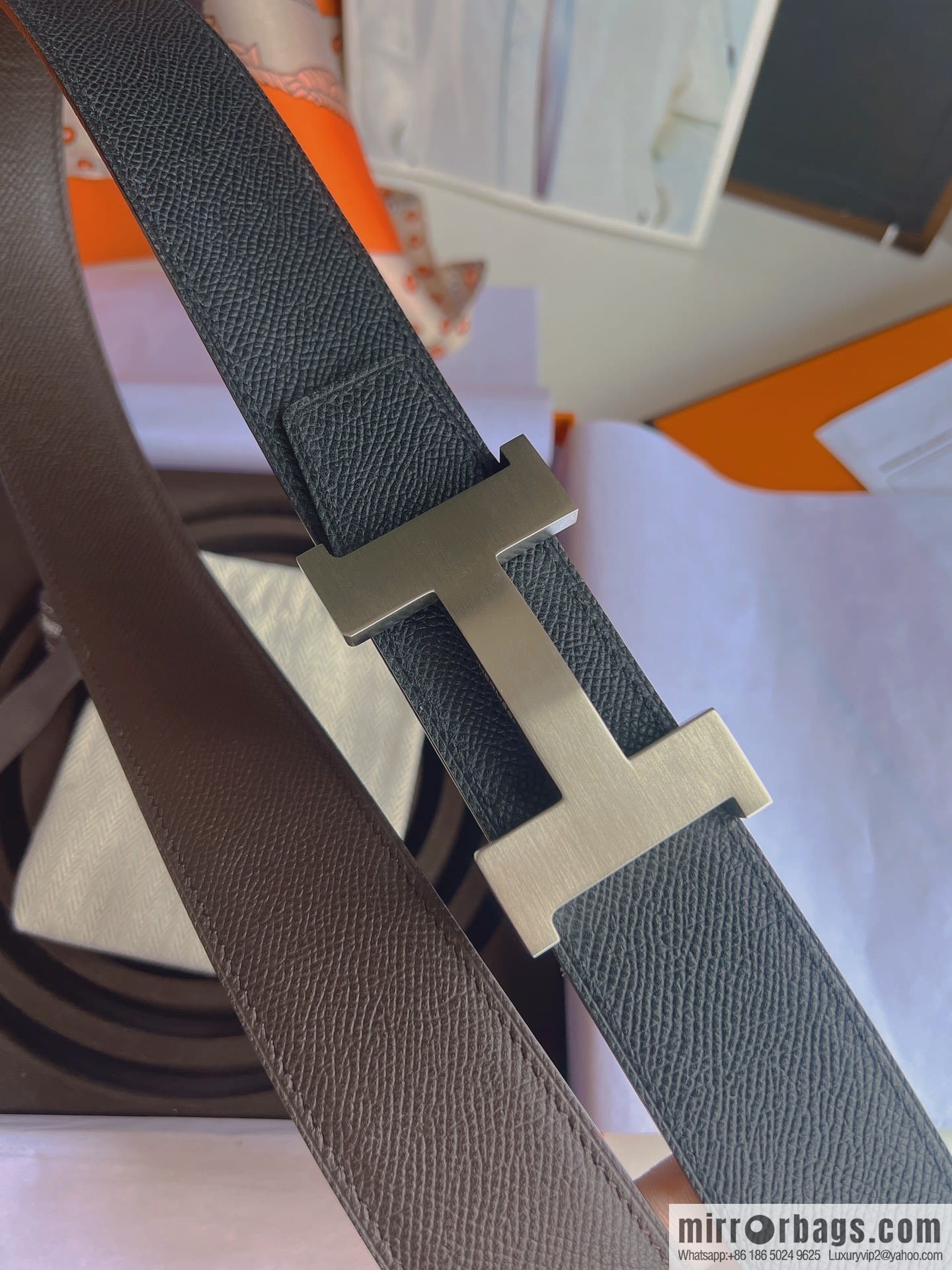 Hermes, Stainless Steel Quad Solder Joint Metal Buckle 38mm Double Sided Leather Belt