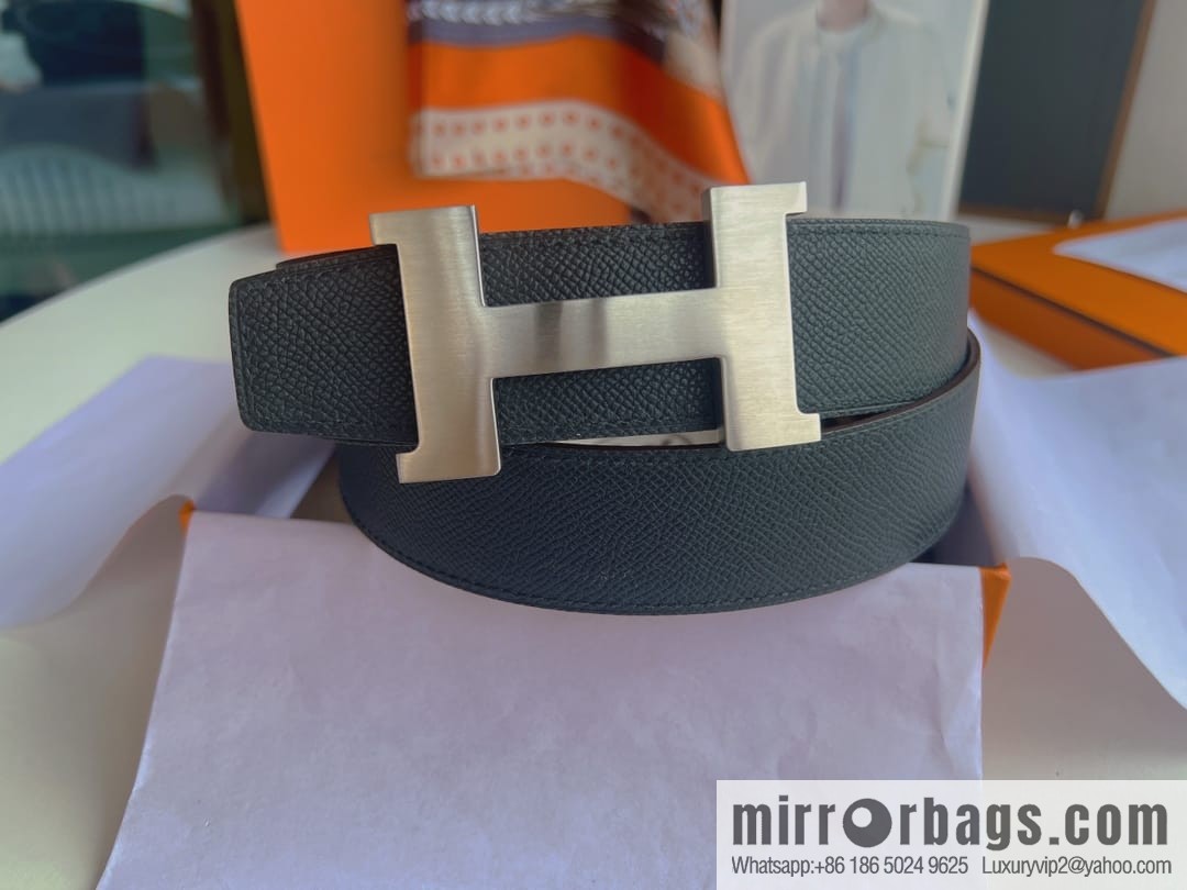Hermes, Stainless Steel Quad Solder Joint Metal Buckle 38mm Double Sided Leather Belt