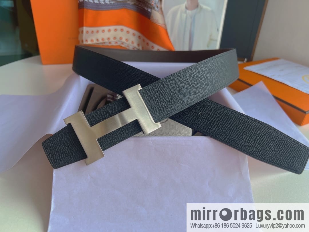 Hermes, Stainless Steel Quad Solder Joint Metal Buckle 38mm Double Sided Leather Belt