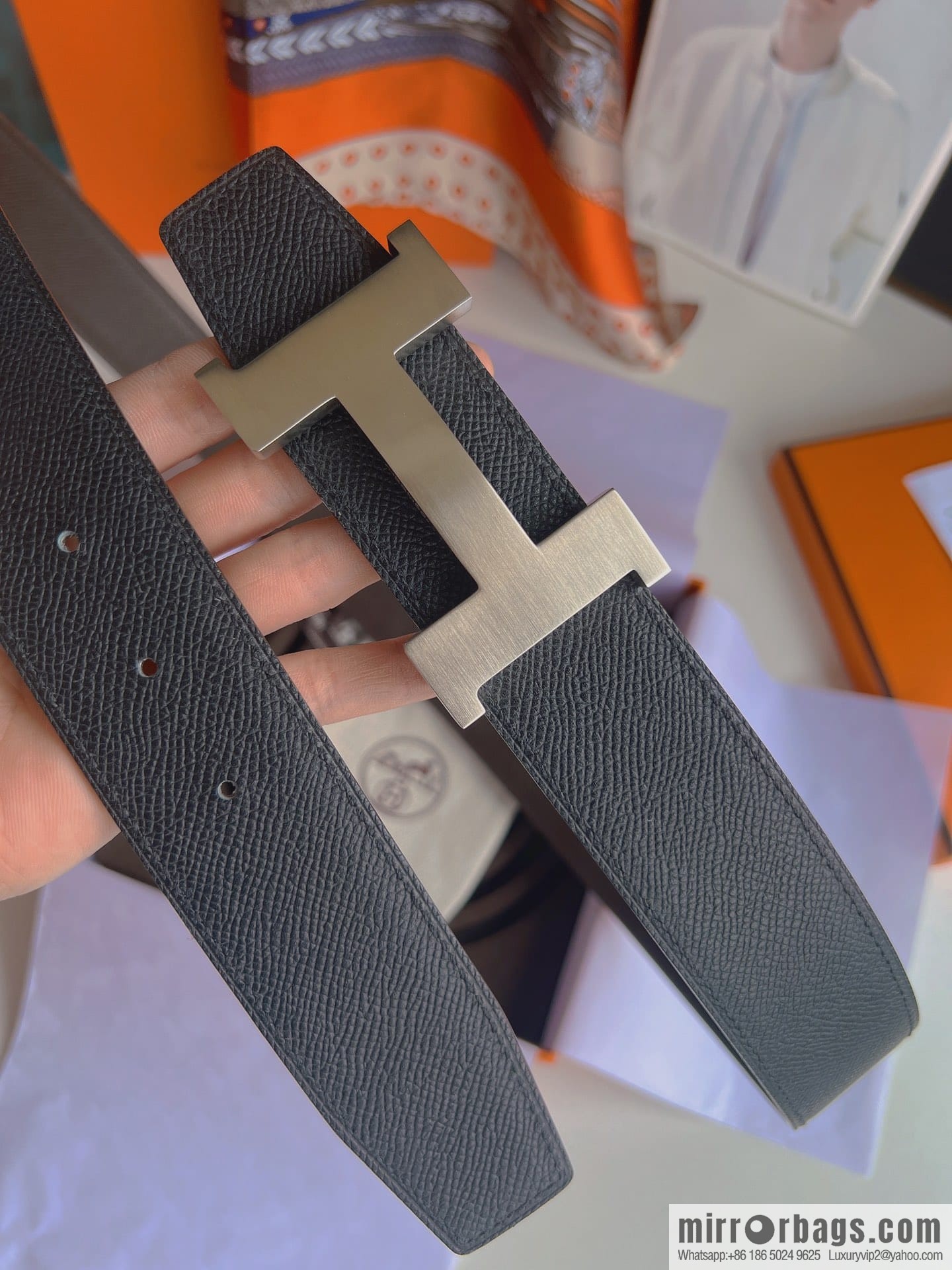Hermes, Stainless Steel Quad Solder Joint Metal Buckle 38mm Double Sided Leather Belt
