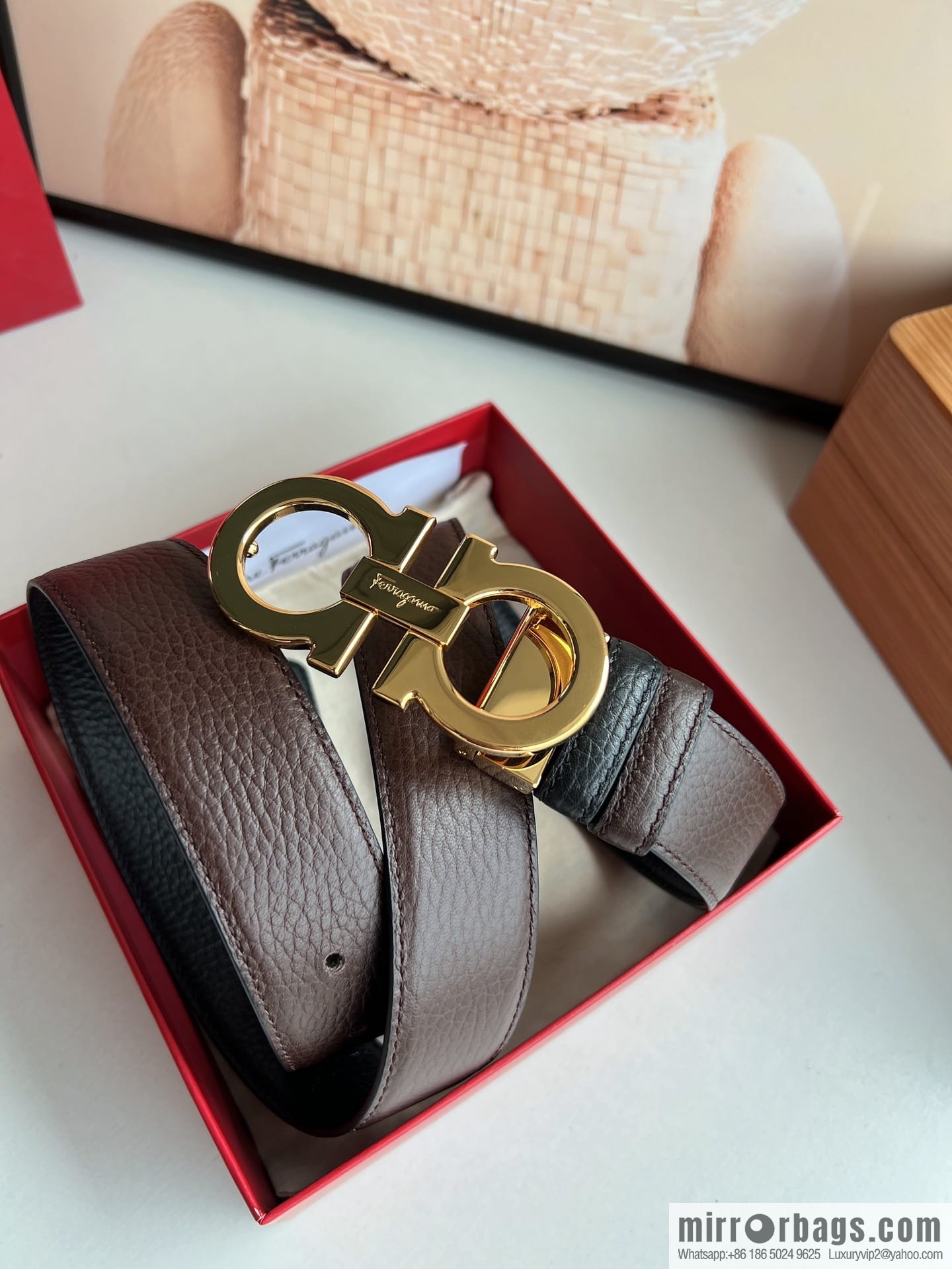 Ferragamo, Exquisite 8-Figure Metal Glossy Clip Buckle Men's 3.5cm Belt