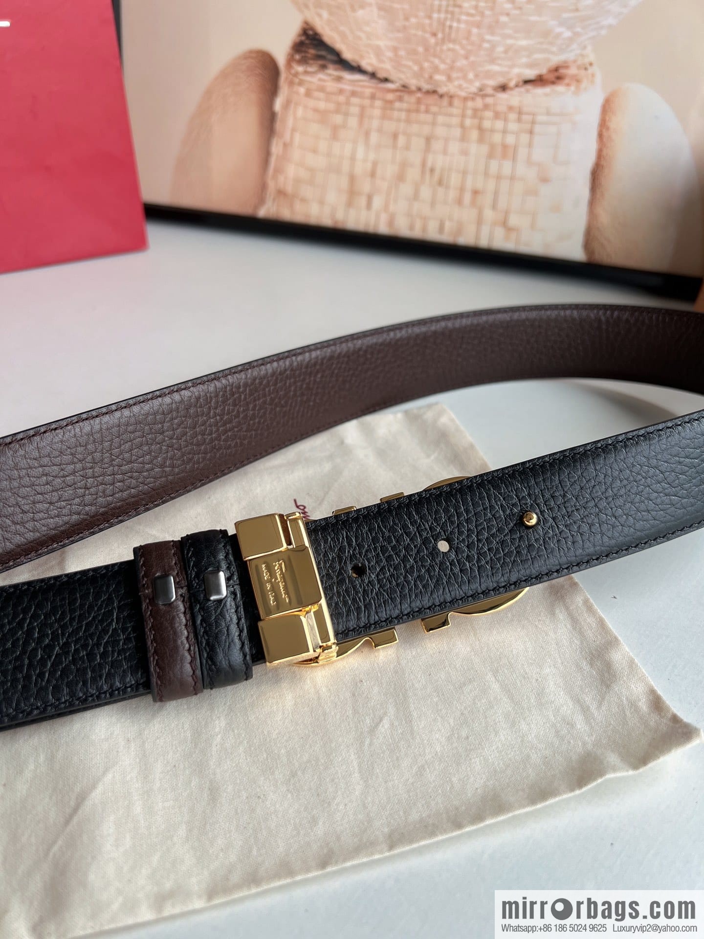 Ferragamo, Exquisite 8-Figure Metal Glossy Clip Buckle Men's 3.5cm Belt