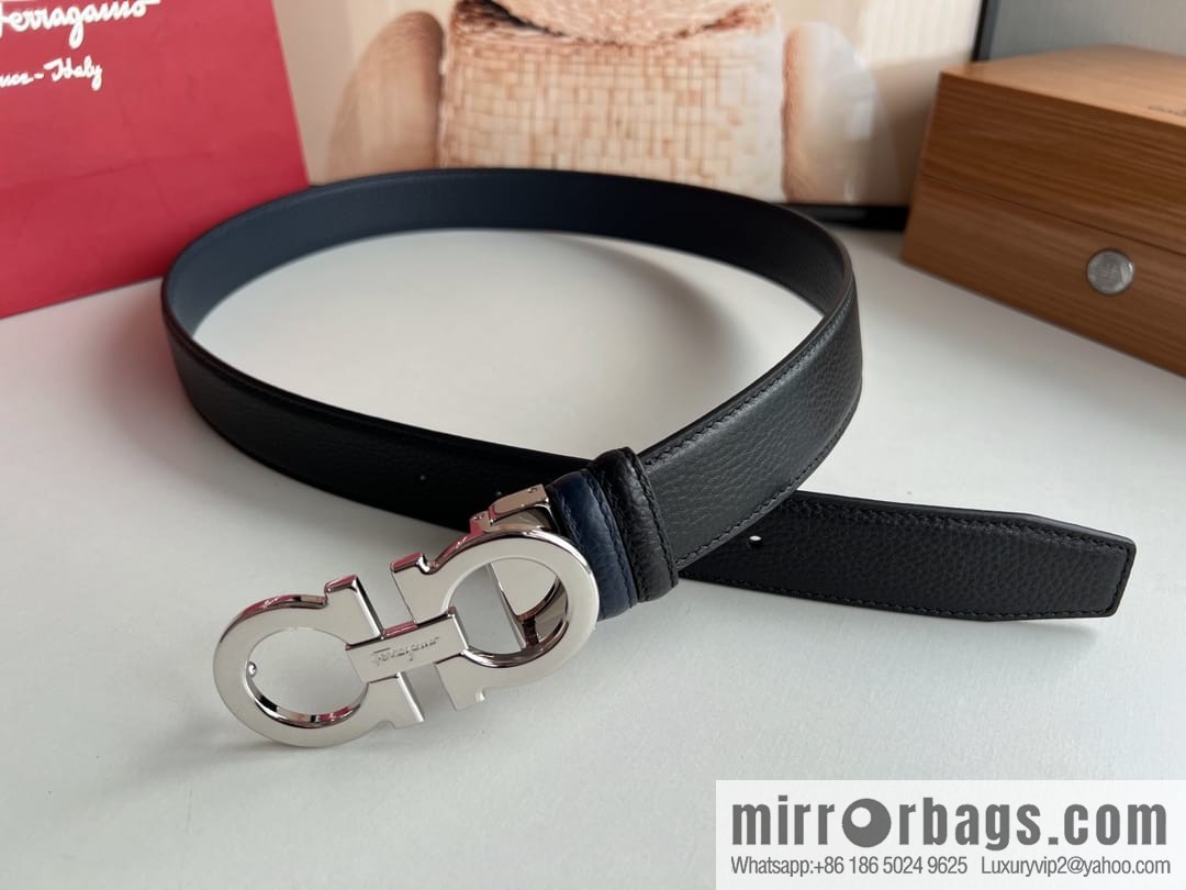 Ferragamo, Exquisite 8-Figure Metal Glossy Clip Buckle Men's 3.5cm Belt