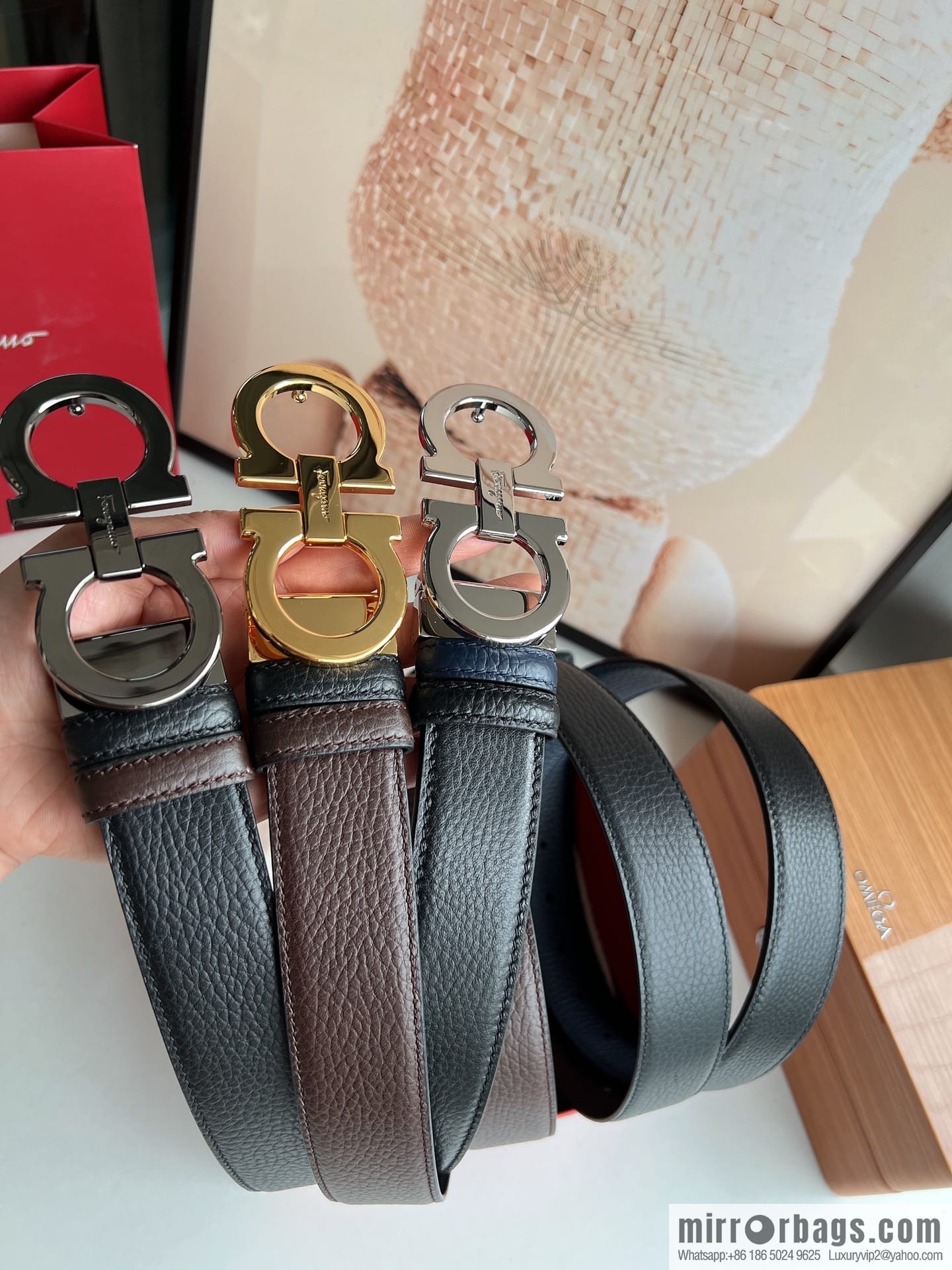 Ferragamo, Exquisite 8-Figure Metal Glossy Clip Buckle Men's 3.5cm Belt