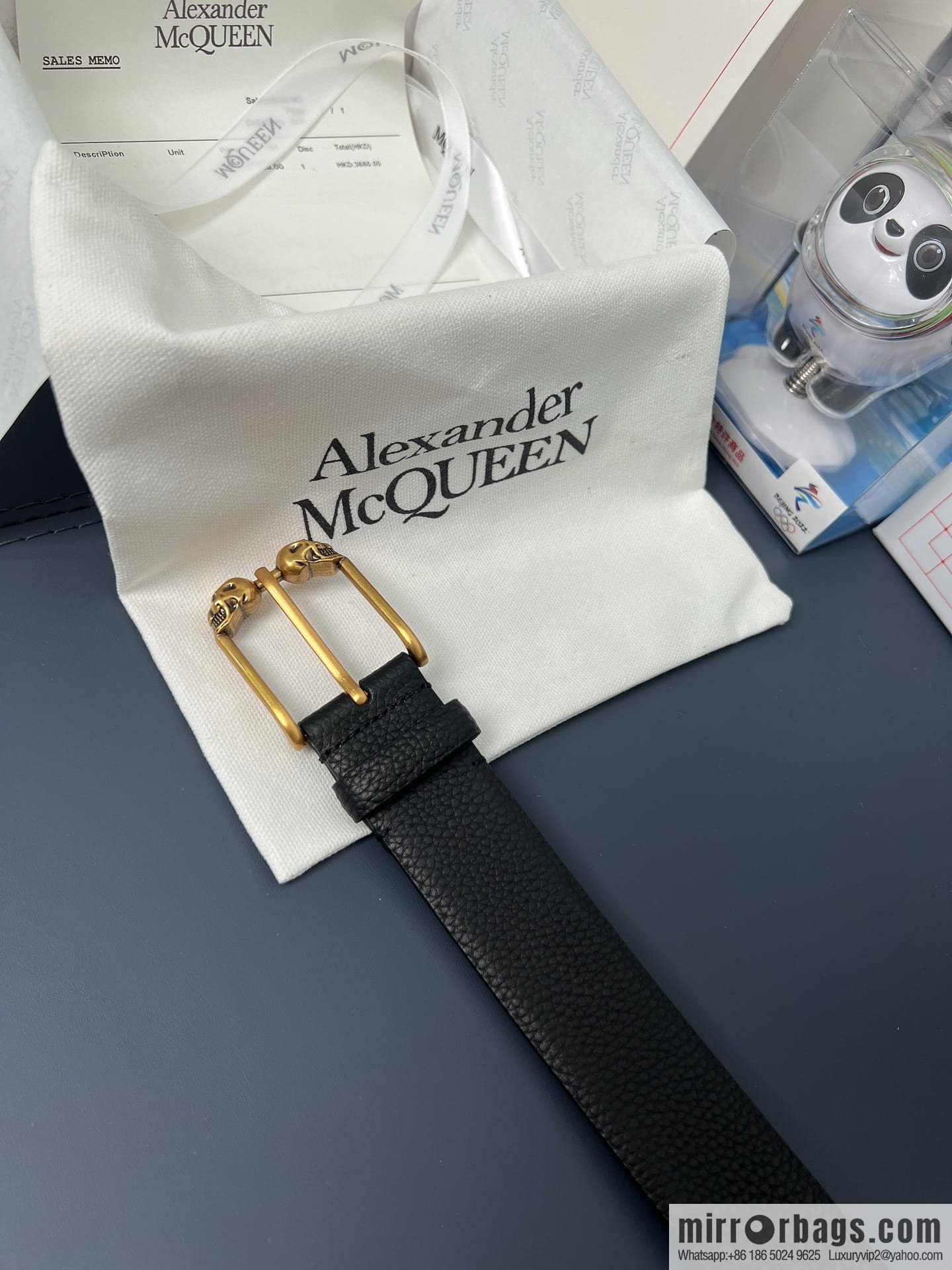 McQueen, first layer cowhide lychee texture gold-filled belt marked metal buckle men's belt