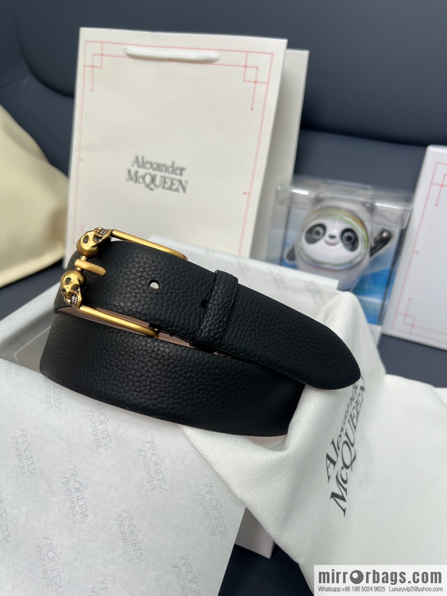 McQueen, first layer cowhide lychee texture gold-filled belt marked metal buckle men's belt