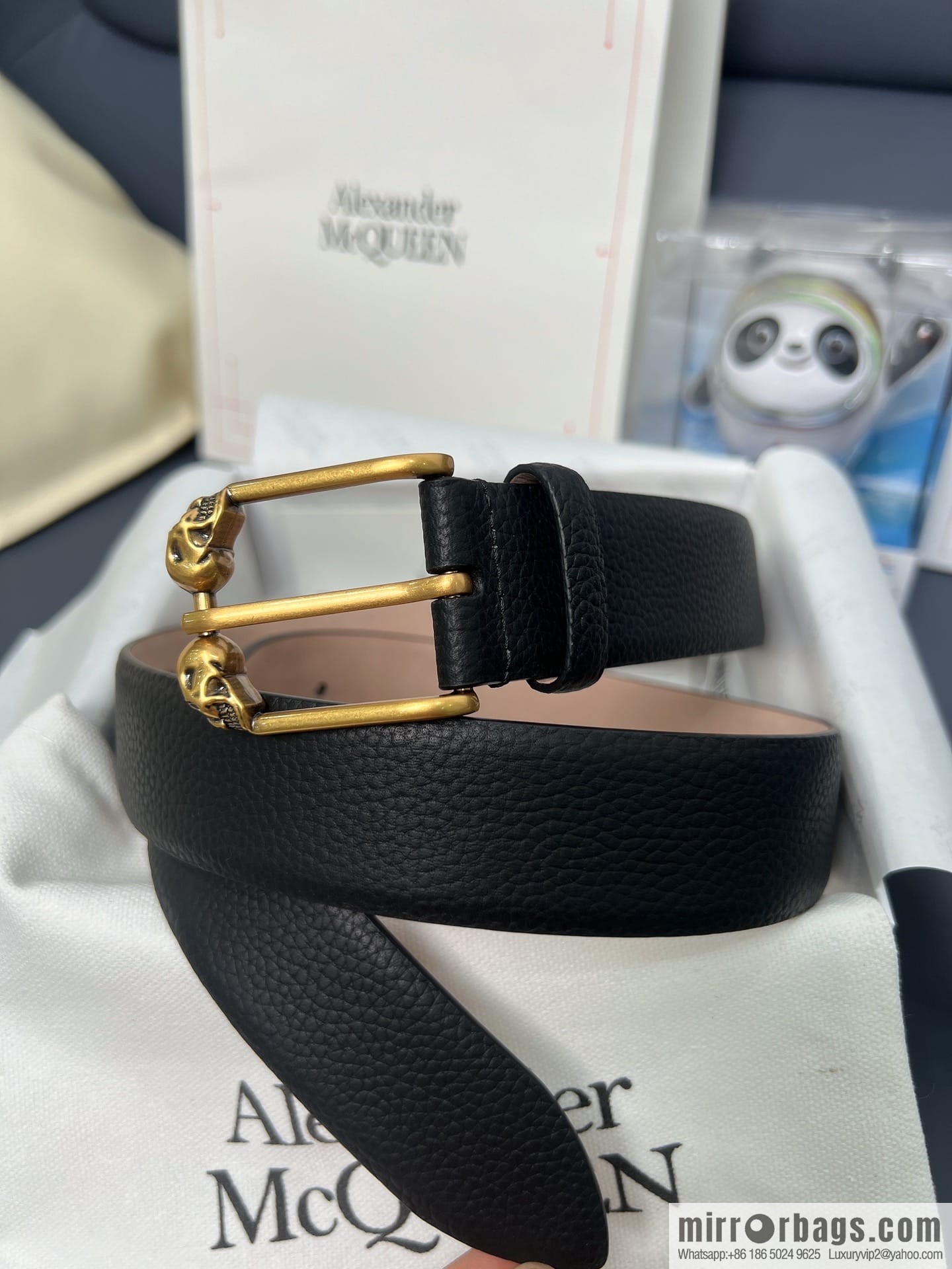 McQueen, first layer cowhide lychee texture gold-filled belt marked metal buckle men's belt