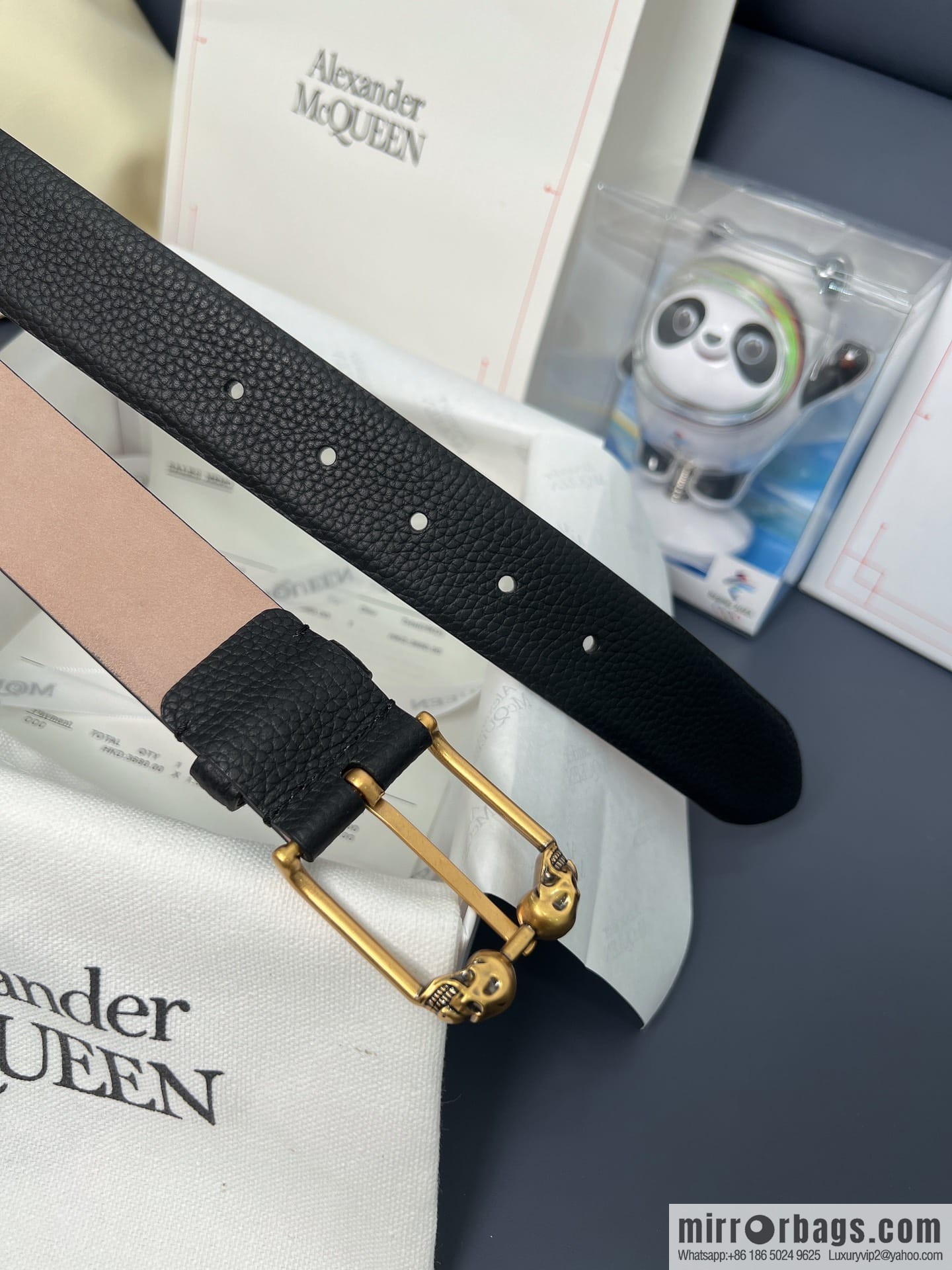 McQueen, first layer cowhide lychee texture gold-filled belt marked metal buckle men's belt