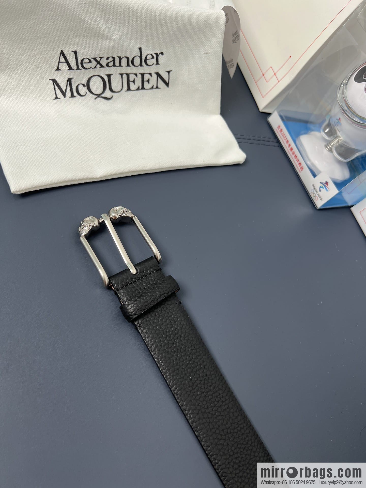 McQueen, first layer cowhide lychee texture gold-filled belt marked metal buckle men's belt