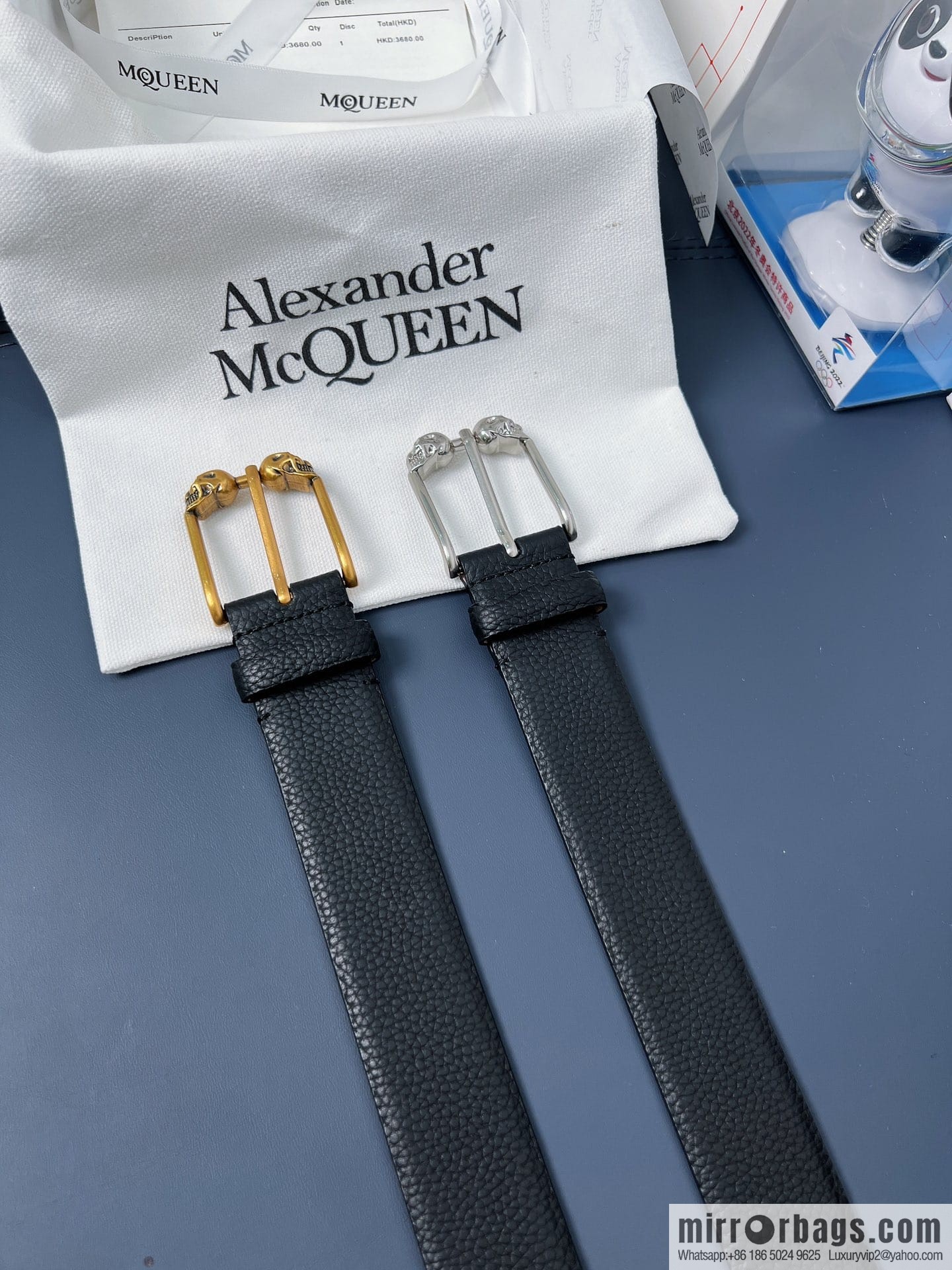 McQueen, first layer cowhide lychee texture gold-filled belt marked metal buckle men's belt