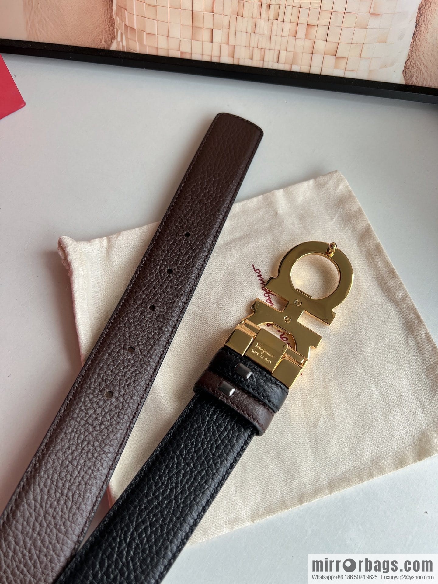 Ferragamo Ferragamo, Exquisite 8-Figure Metal Glossy Clip Buckle Men's 3.5cm Belt