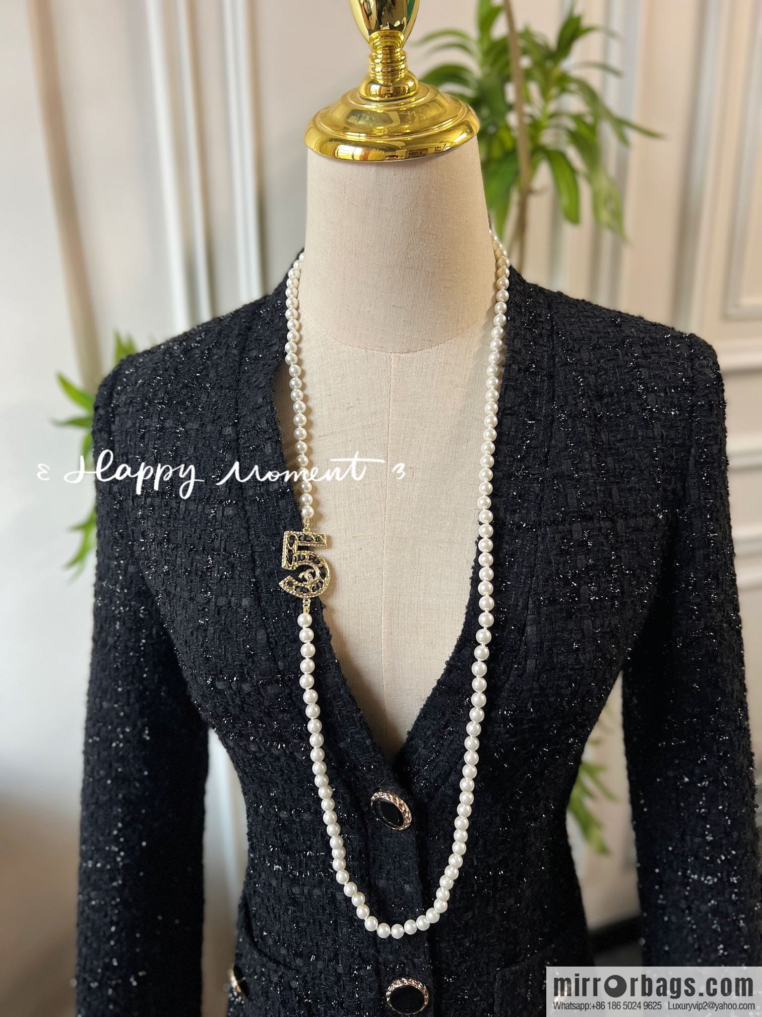 New ☑️ Chanel double c black leather rope 5 character pearl sweater chain necklace
