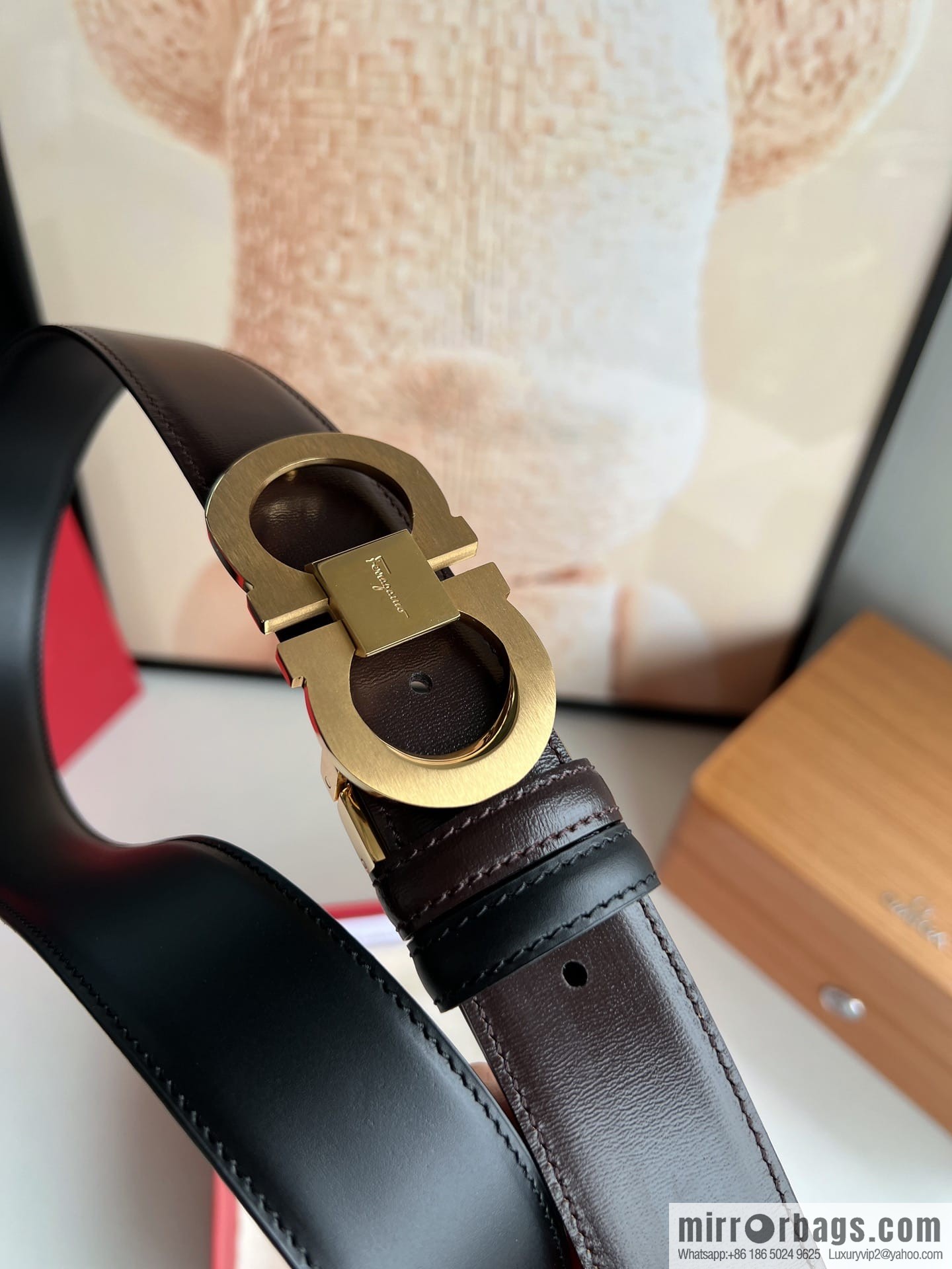 Ferragamo Ferragamo, stainless steel figure 8 metal clasp top layer cowhide men's 3.5cm belt