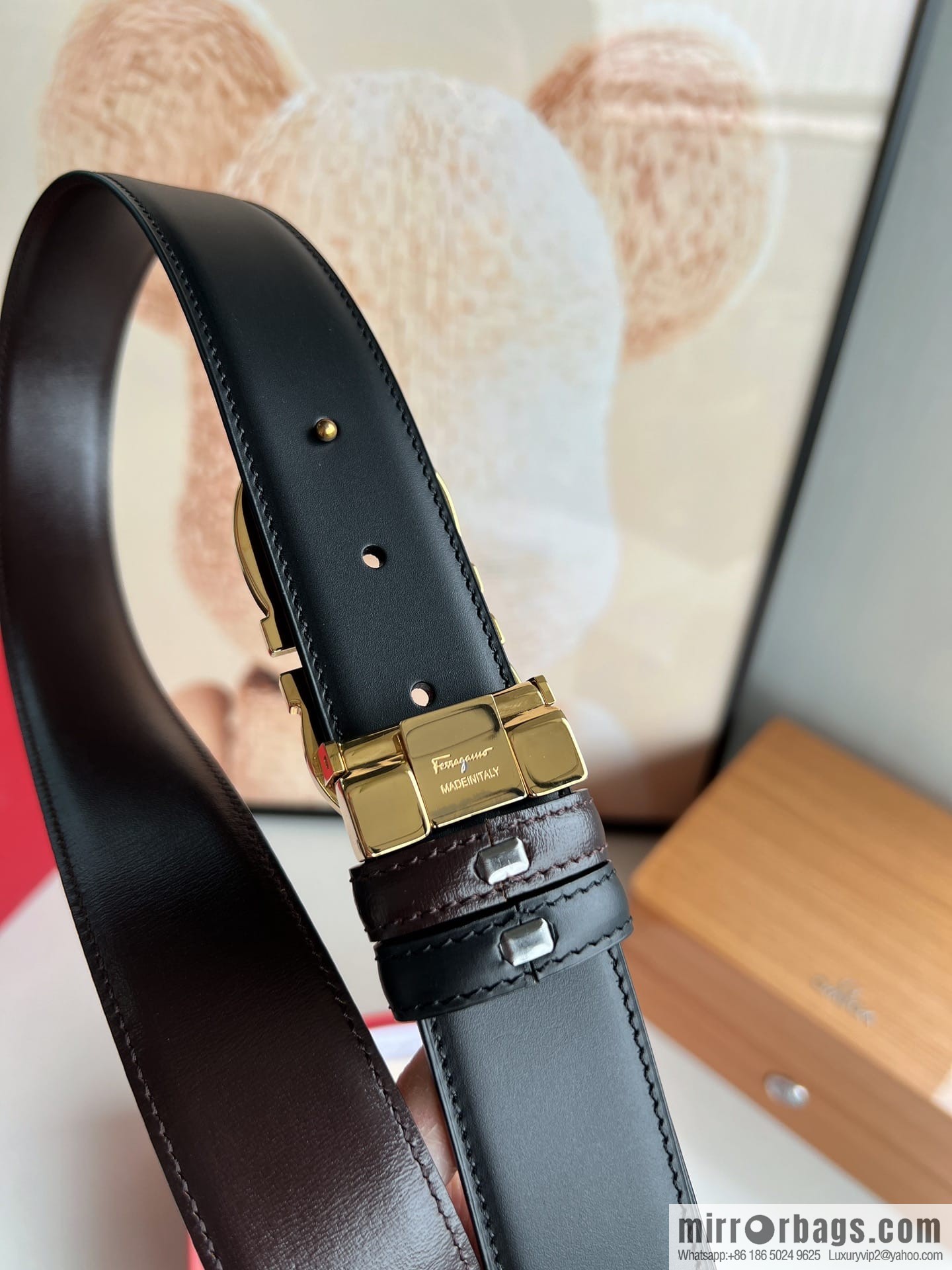 Ferragamo Ferragamo, stainless steel figure 8 metal clasp top layer cowhide men's 3.5cm belt