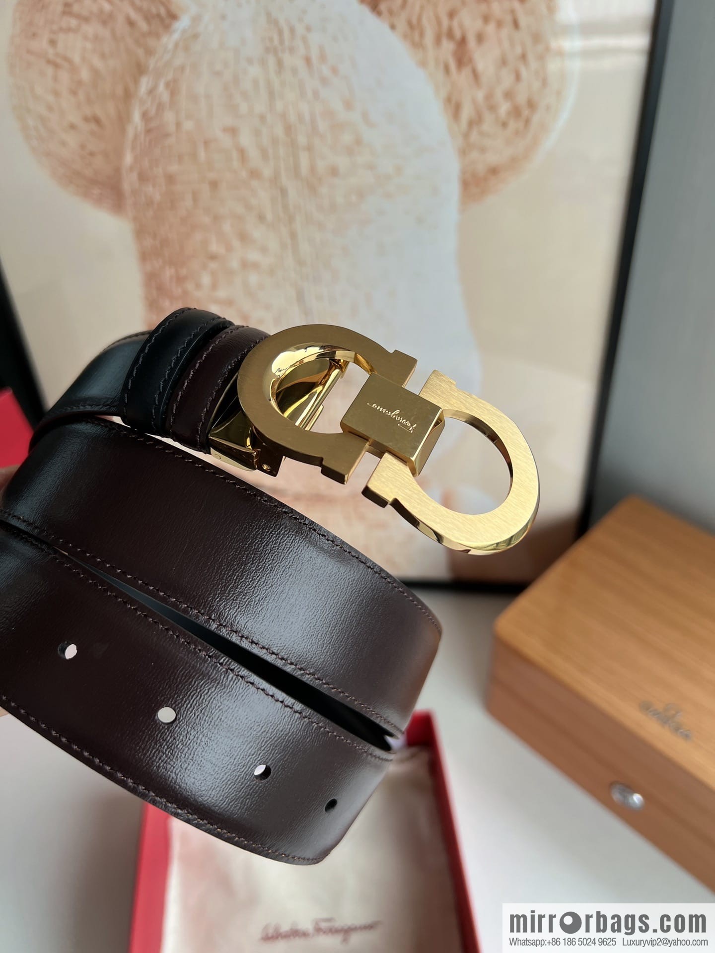 Ferragamo Ferragamo, stainless steel figure 8 metal clasp top layer cowhide men's 3.5cm belt