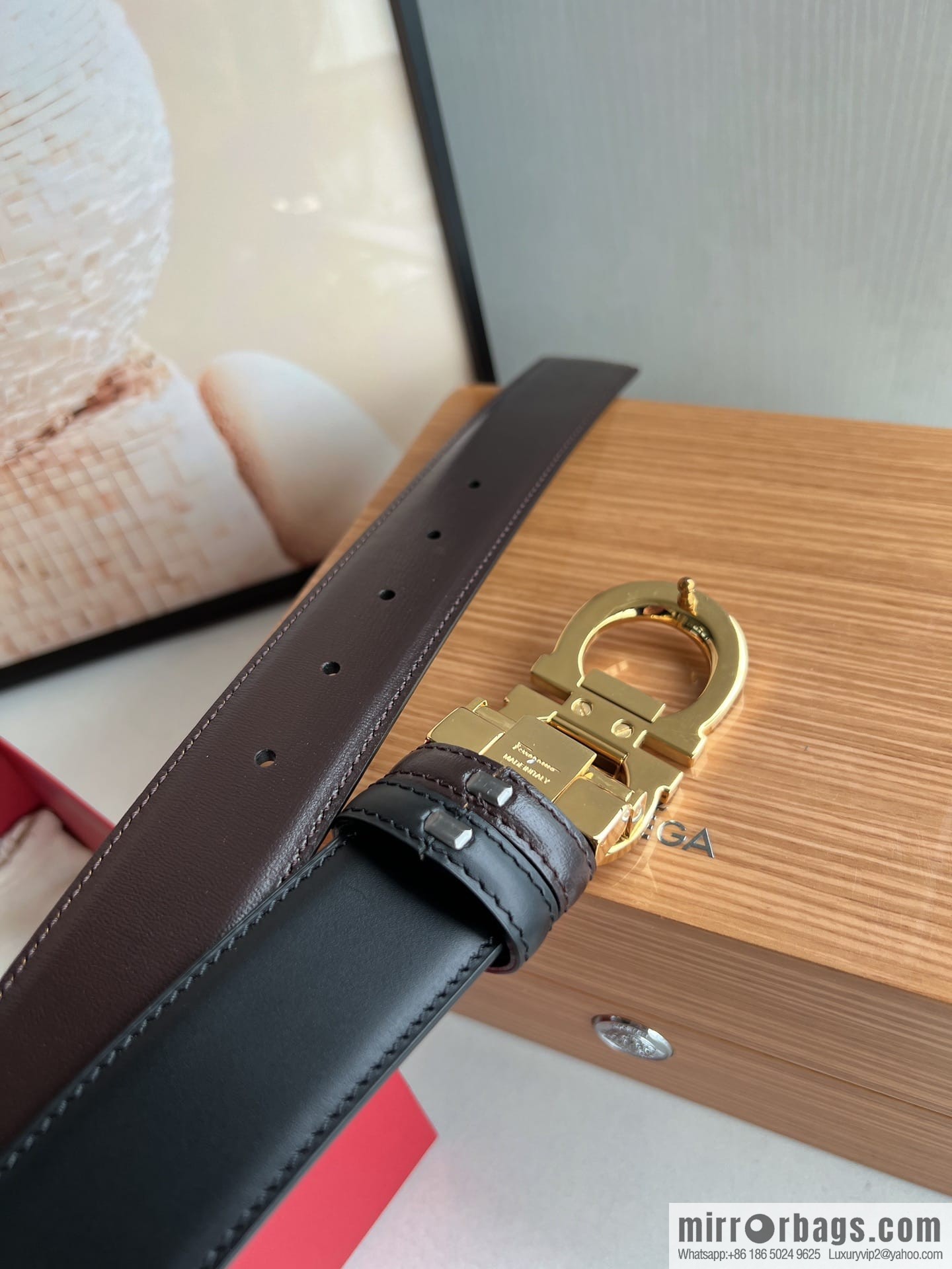 Ferragamo Ferragamo, stainless steel figure 8 metal clasp top layer cowhide men's 3.5cm belt