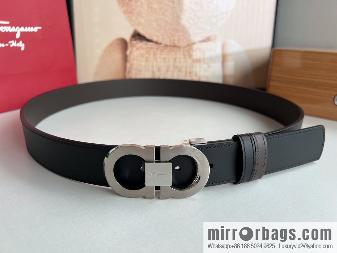 Ferragamo Ferragamo, stainless steel figure 8 metal clasp top layer cowhide men's 3.5cm belt