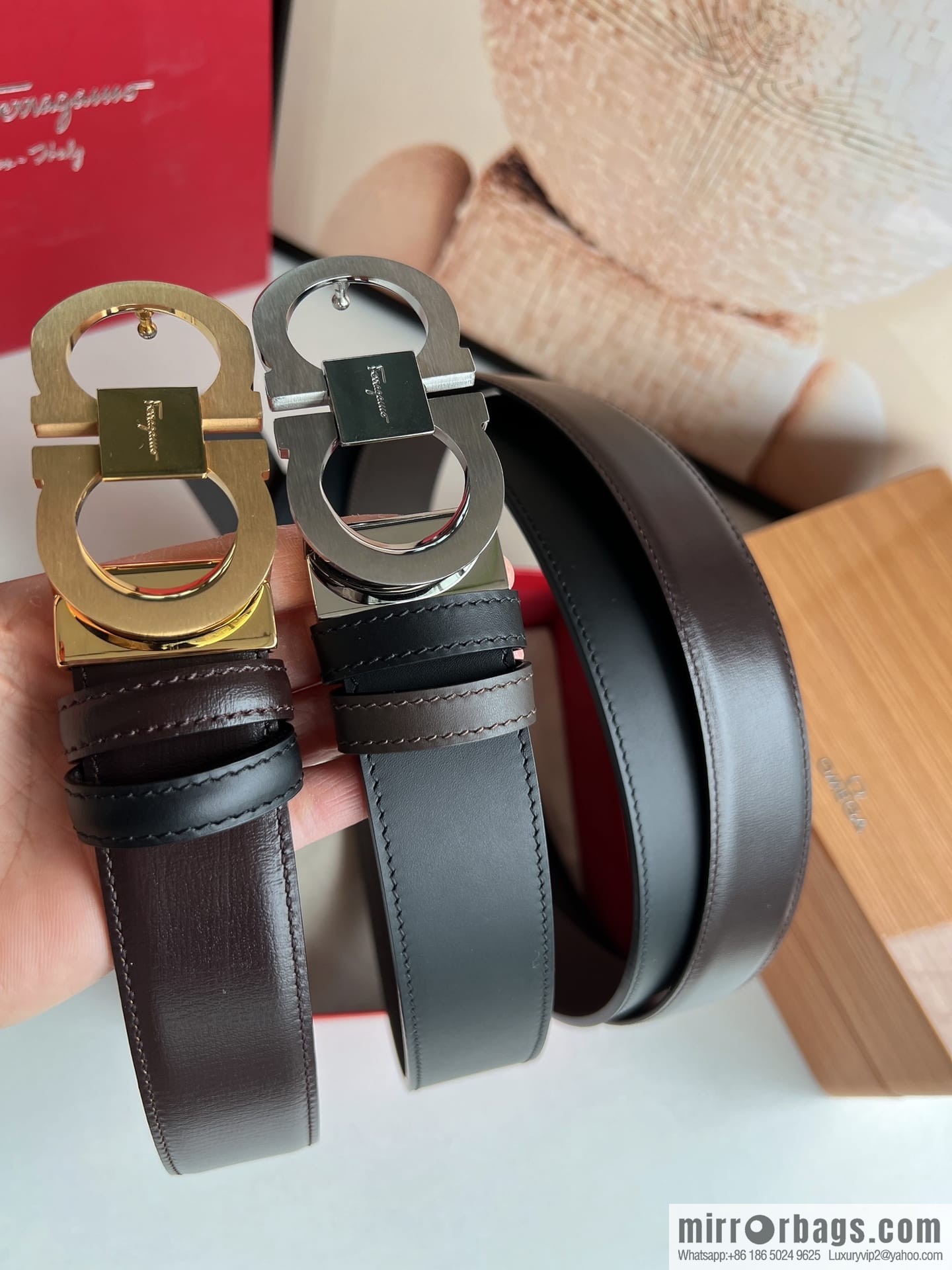 Ferragamo Ferragamo, stainless steel figure 8 metal clasp top layer cowhide men's 3.5cm belt