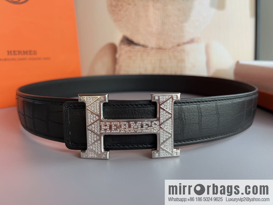 Hermes, Stainless Steel H with Diamond Buckle Men's 3.8cm Belt