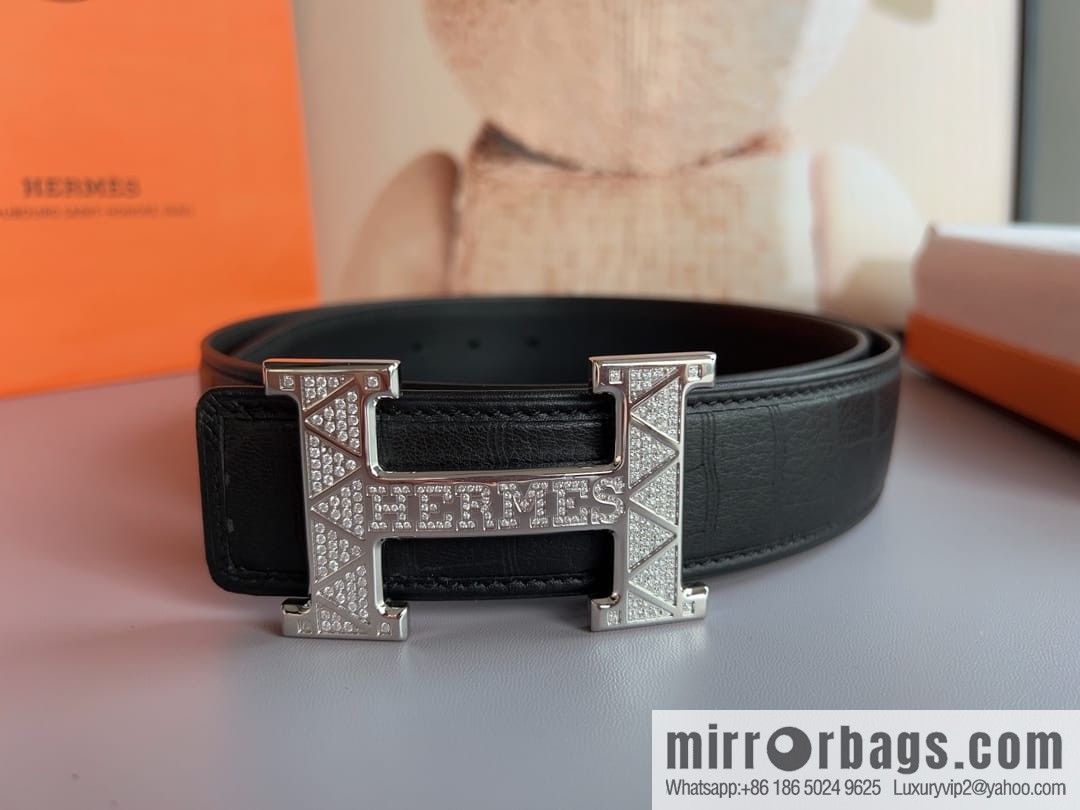 Hermes, Stainless Steel H with Diamond Buckle Men's 3.8cm Belt