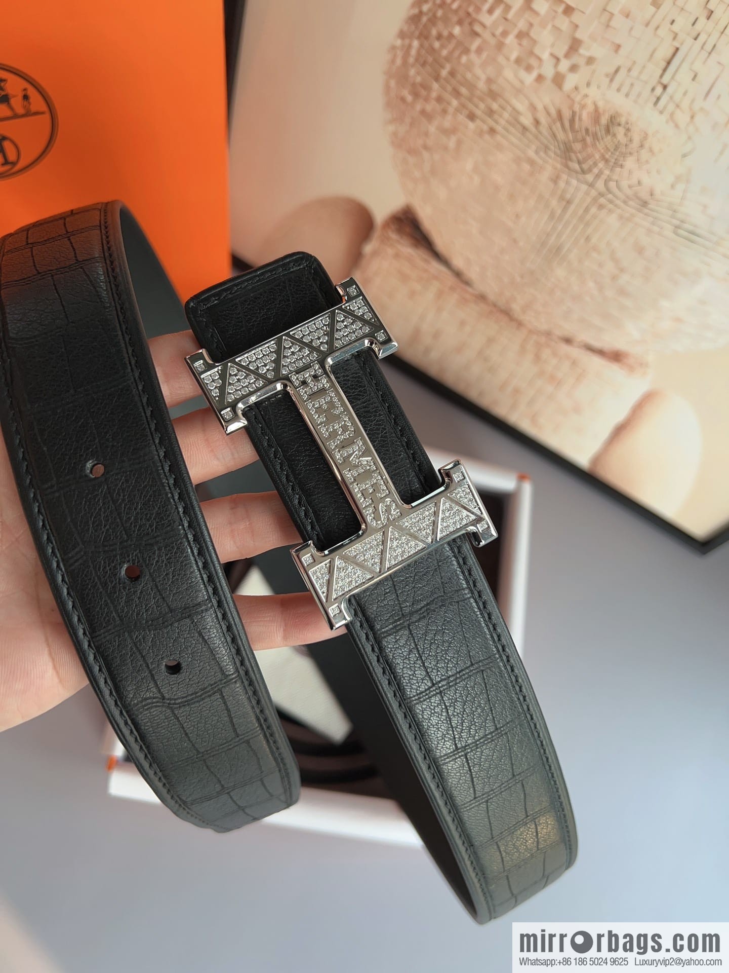 Hermes, Stainless Steel H with Diamond Buckle Men's 3.8cm Belt