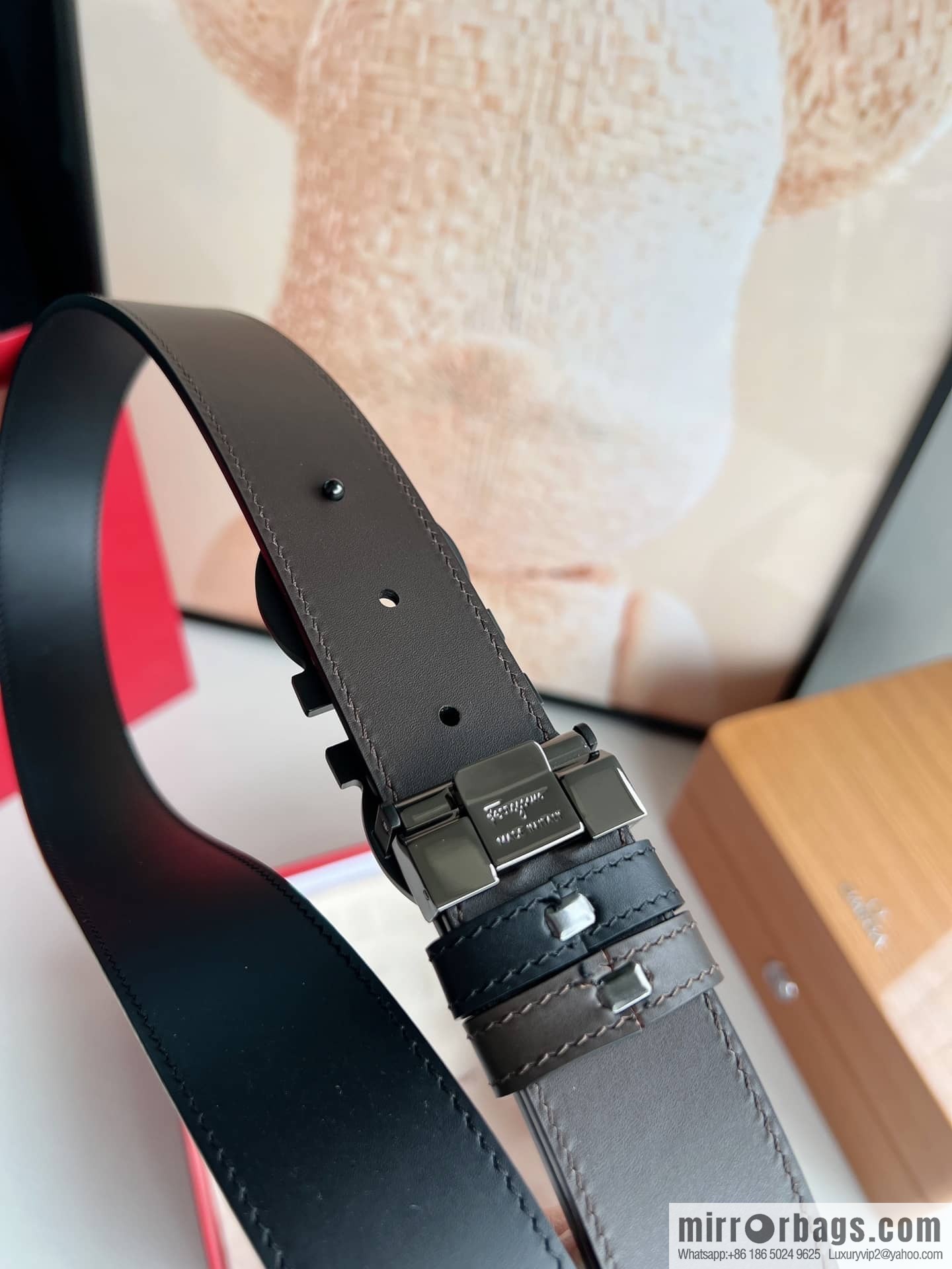 Ferragamo Ferragamo, exquisite figure 8 metal clasp top layer cowhide texture belt 3.5cm