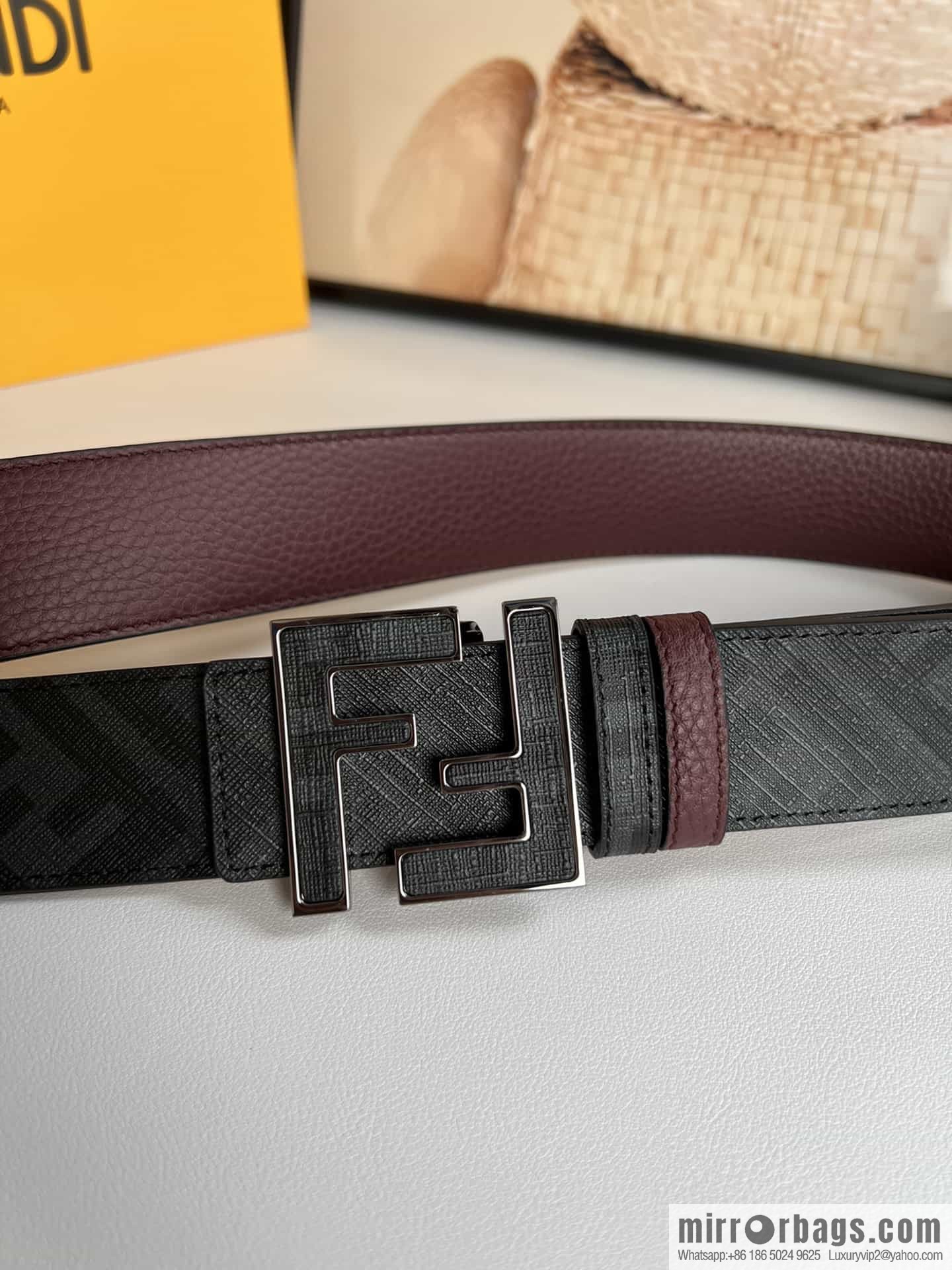 FENDI's latest extraordinary creative gradual change printing dark blue double FF cowhide belt 4.0cm