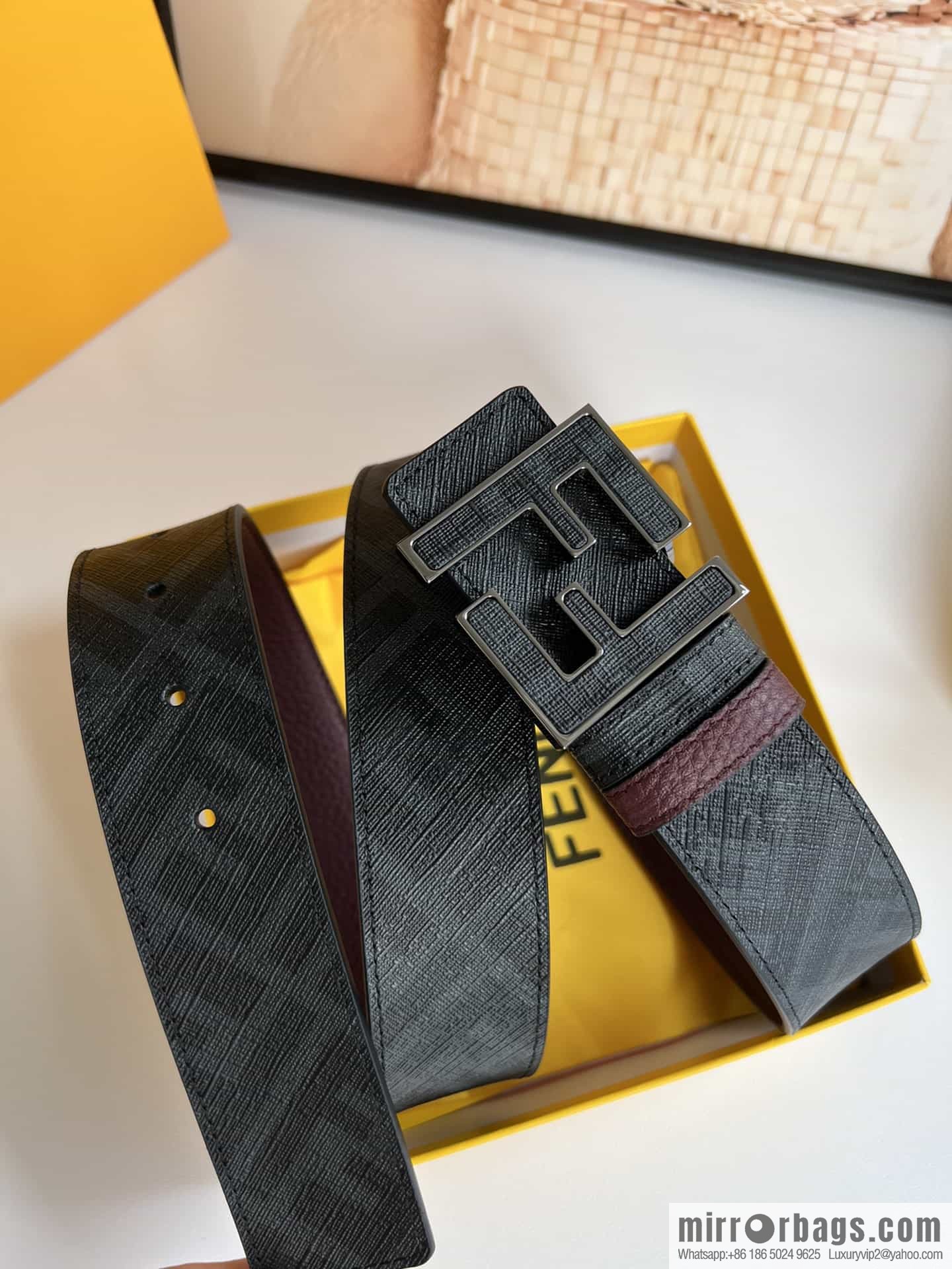FENDI's latest extraordinary creative gradual change printing dark blue double FF cowhide belt 4.0cm