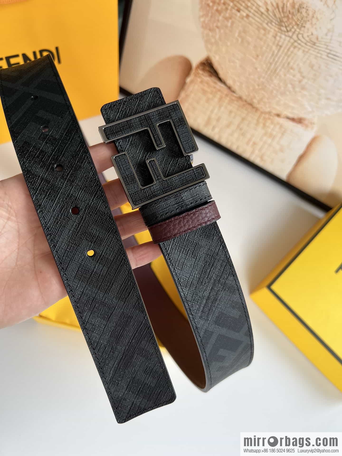 FENDI's latest extraordinary creative gradual change printing dark blue double FF cowhide belt 4.0cm