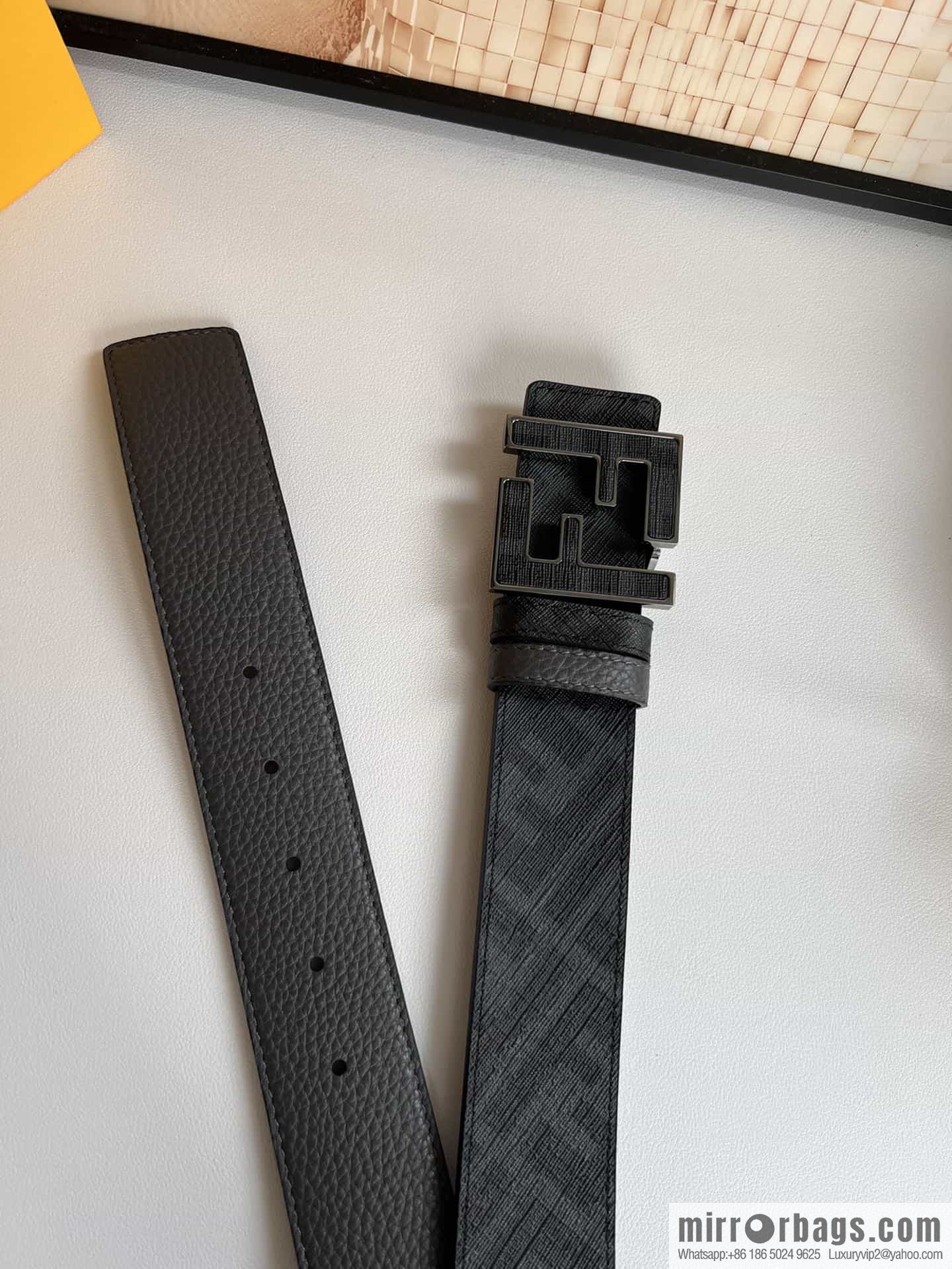 FENDI's latest extraordinary creative gradual change printing dark blue double FF cowhide belt 4.0cm