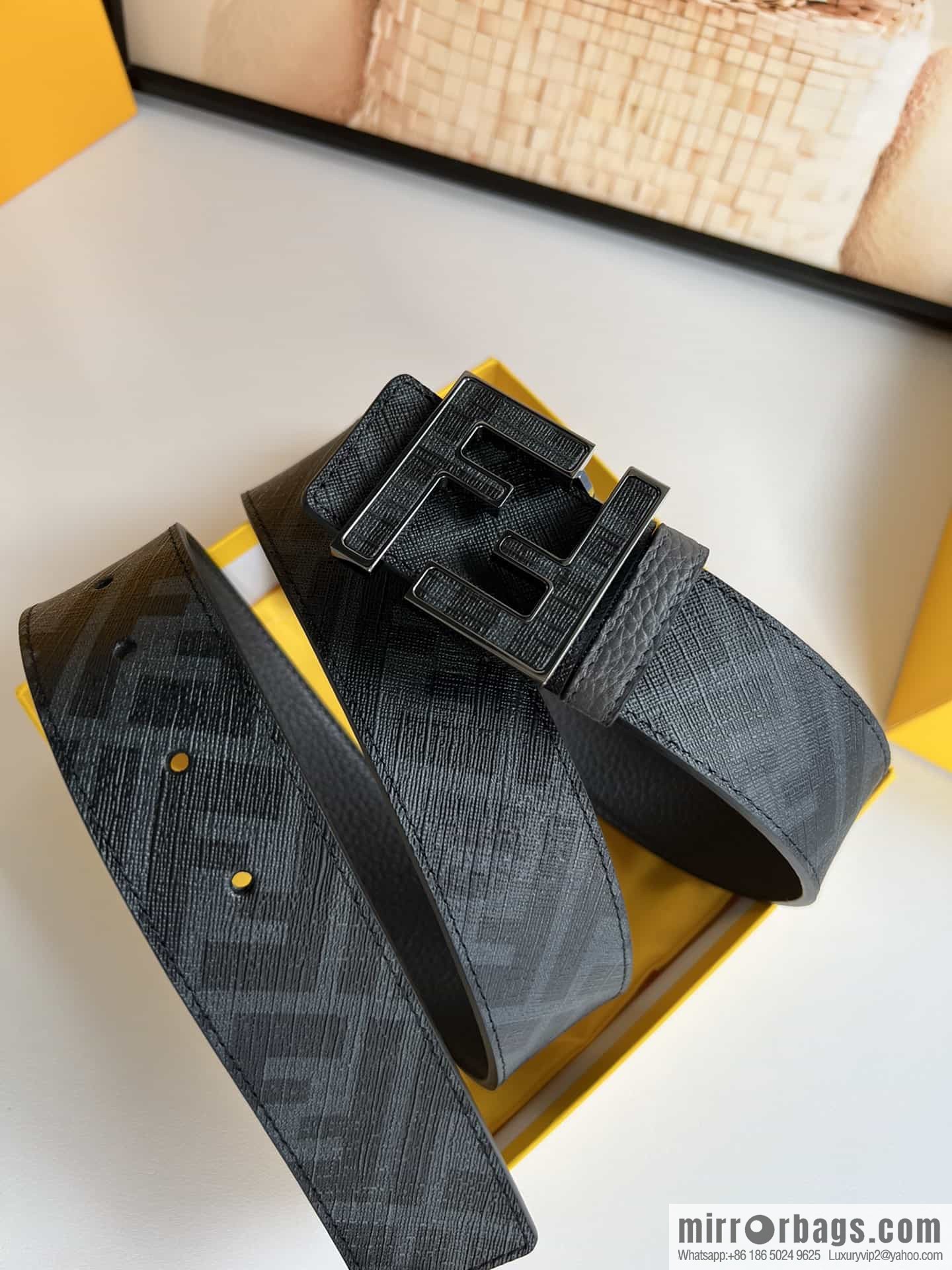 FENDI's latest extraordinary creative gradual change printing dark blue double FF cowhide belt 4.0cm