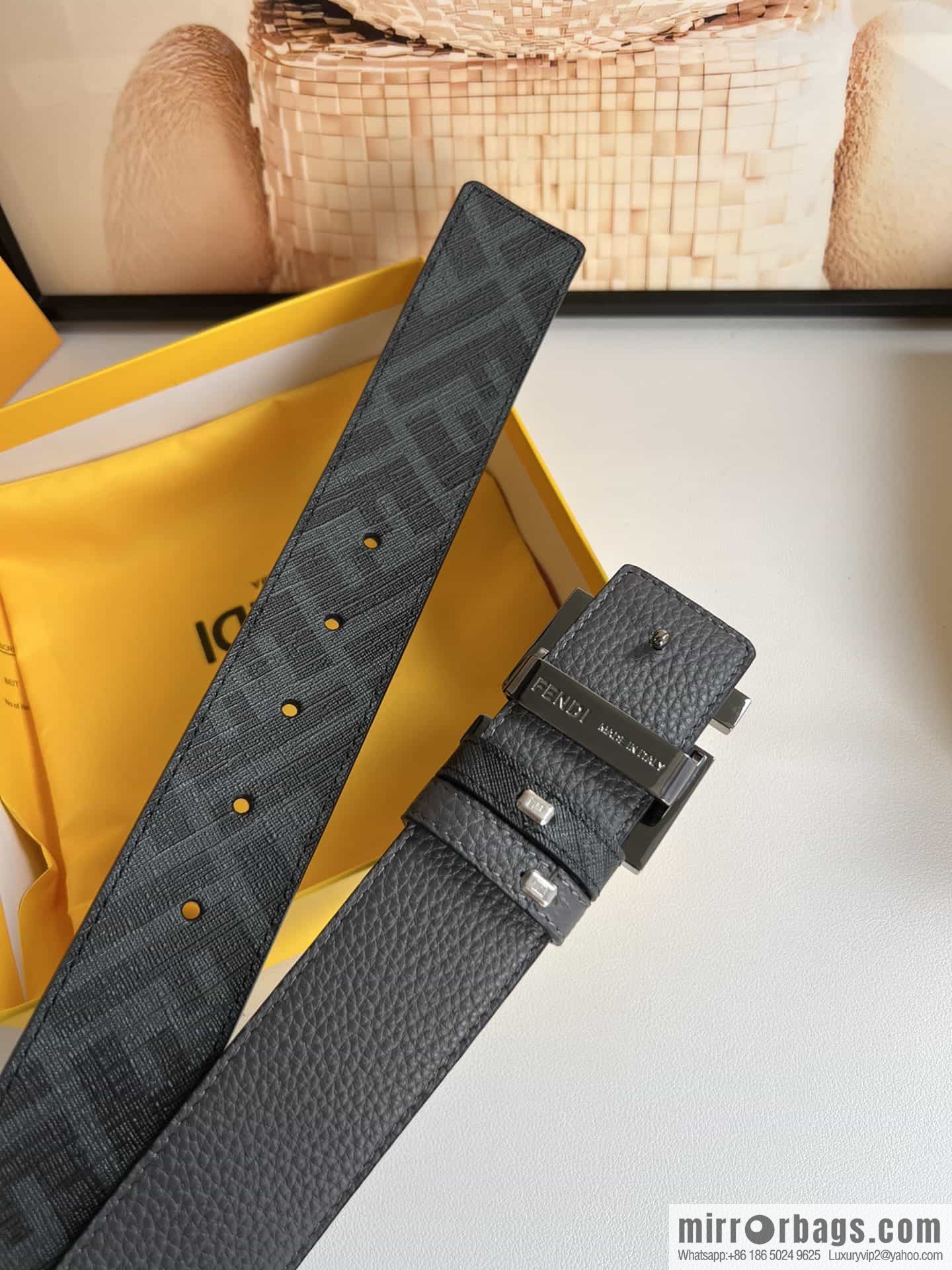 FENDI's latest extraordinary creative gradual change printing dark blue double FF cowhide belt 4.0cm