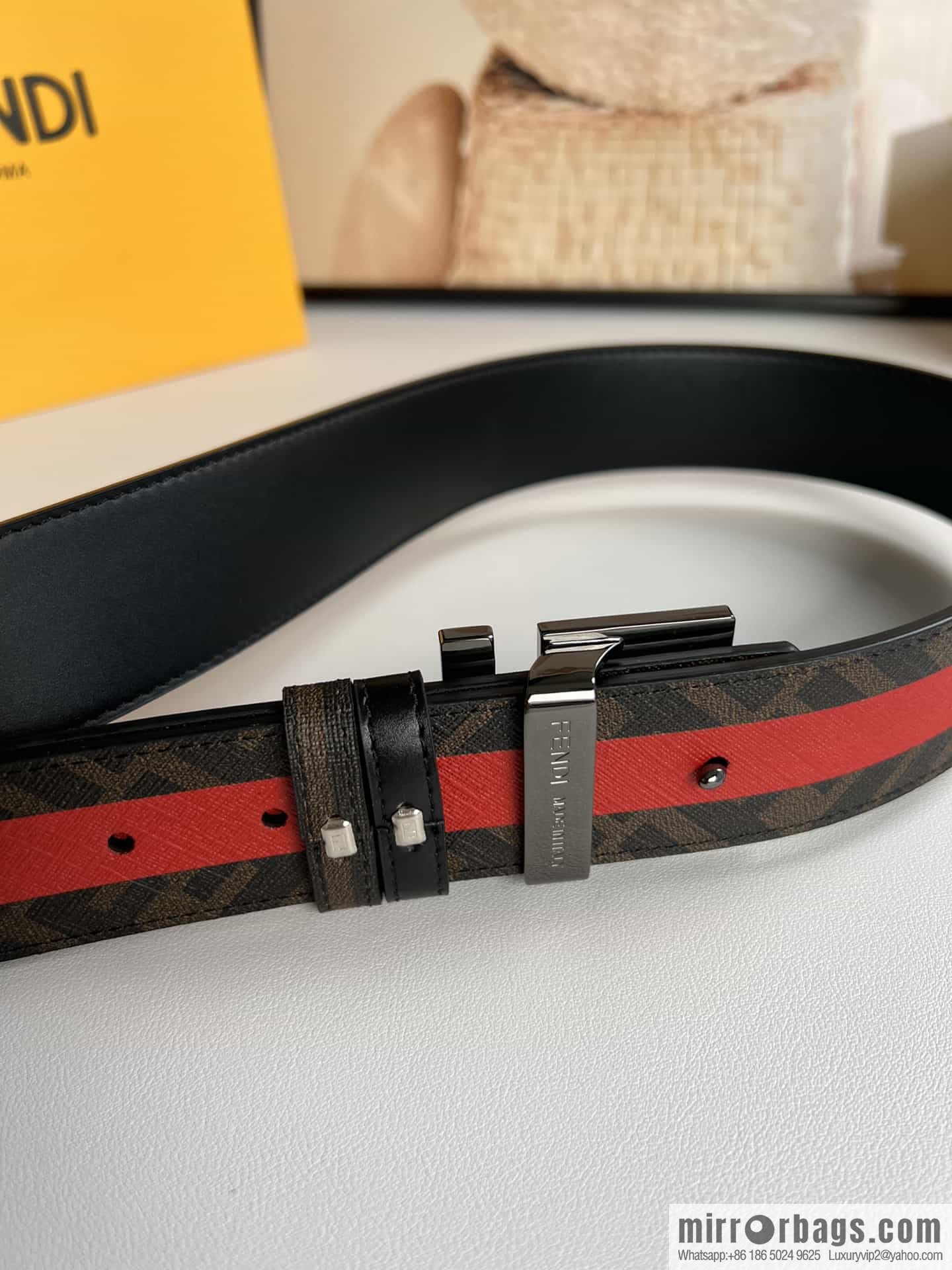 FENDI's latest extraordinary creative gradual change printing dark blue double FF cowhide belt 4.0cm