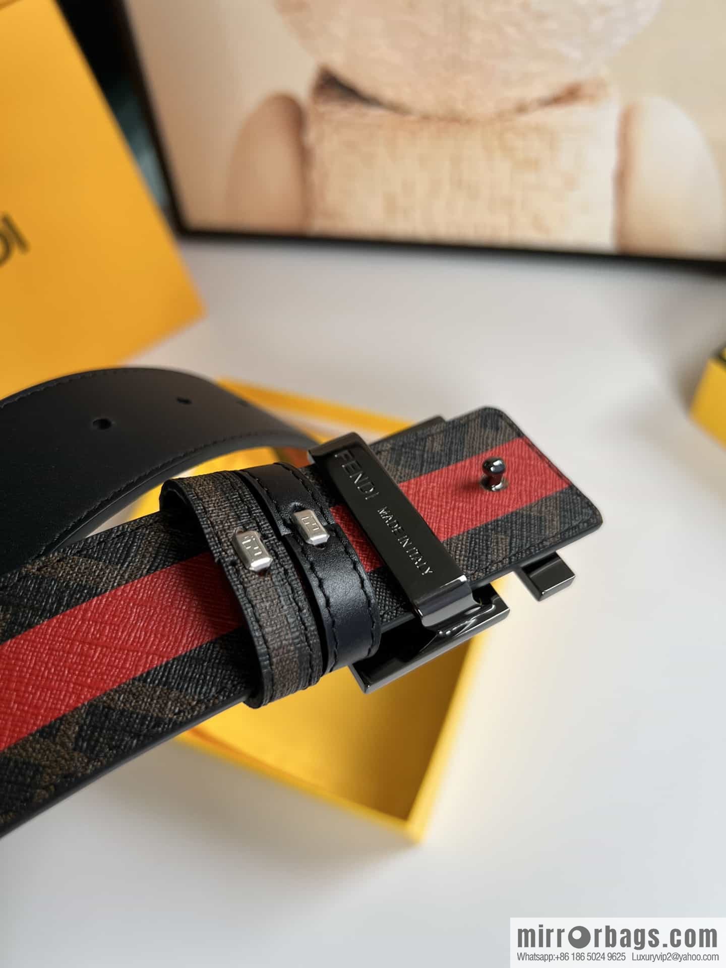 FENDI's latest extraordinary creative gradual change printing dark blue double FF cowhide belt 4.0cm