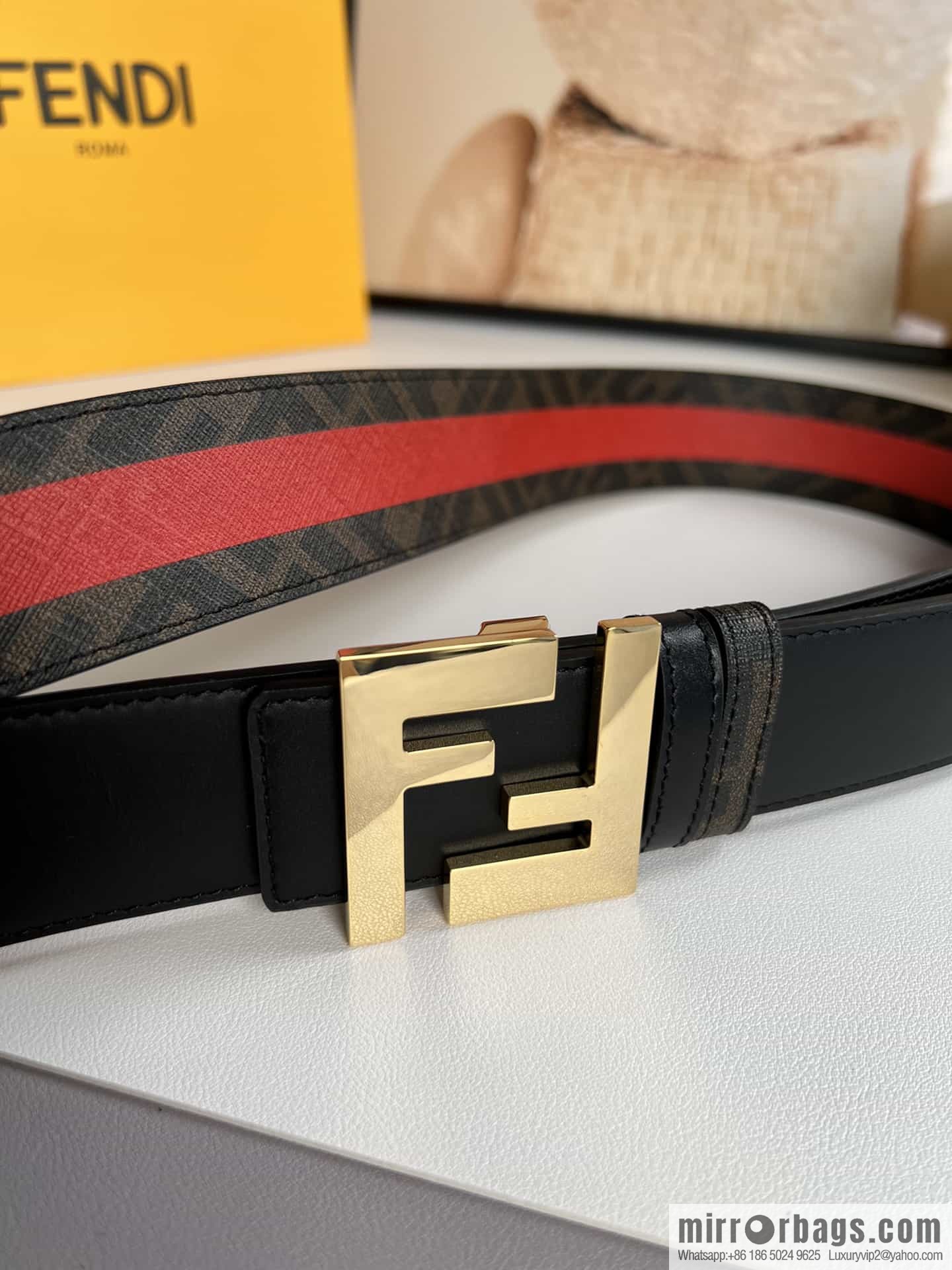 FENDI's latest extraordinary creative gradual change printing dark blue double FF cowhide belt 4.0cm