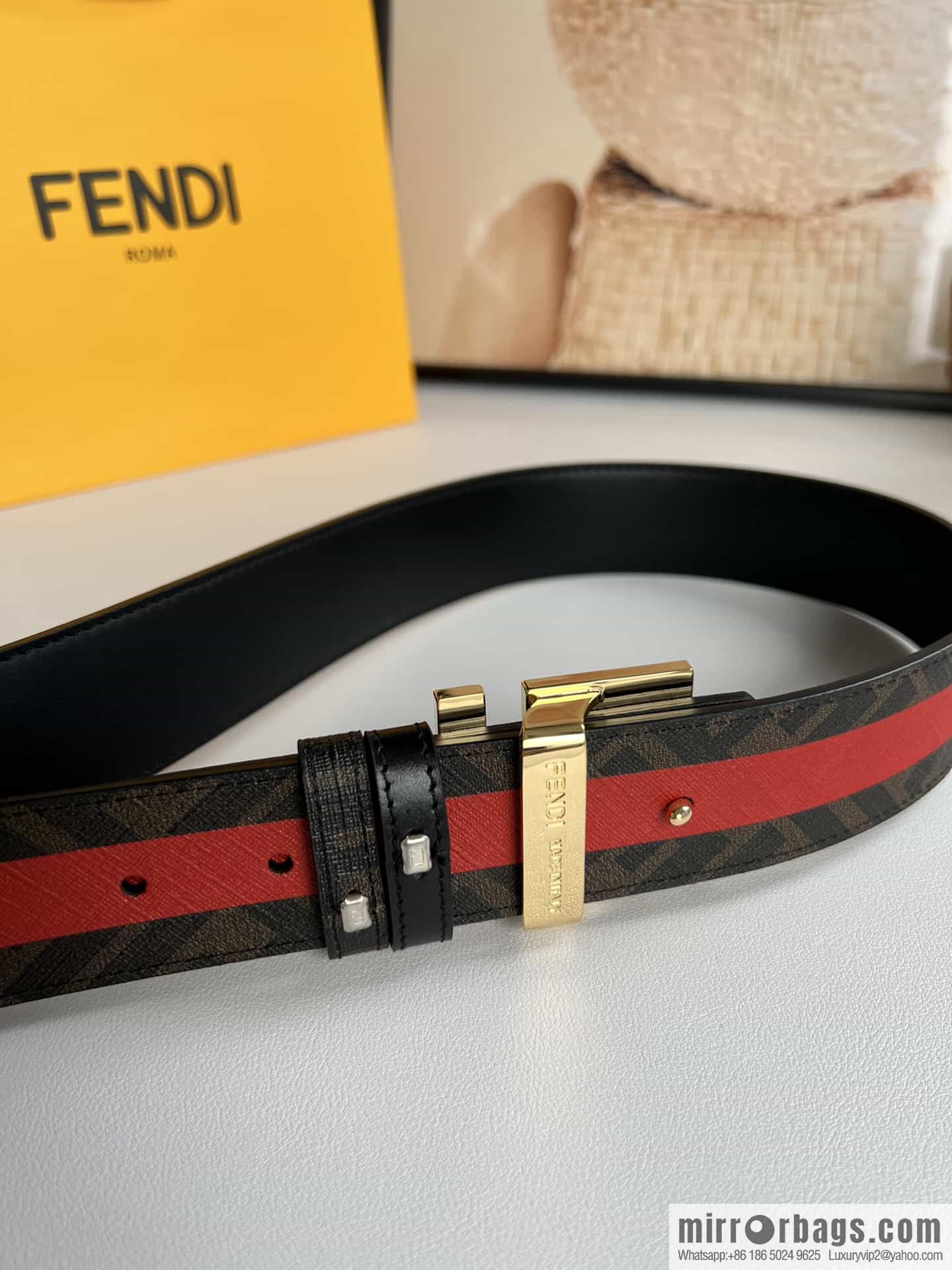 FENDI's latest extraordinary creative gradual change printing dark blue double FF cowhide belt 4.0cm
