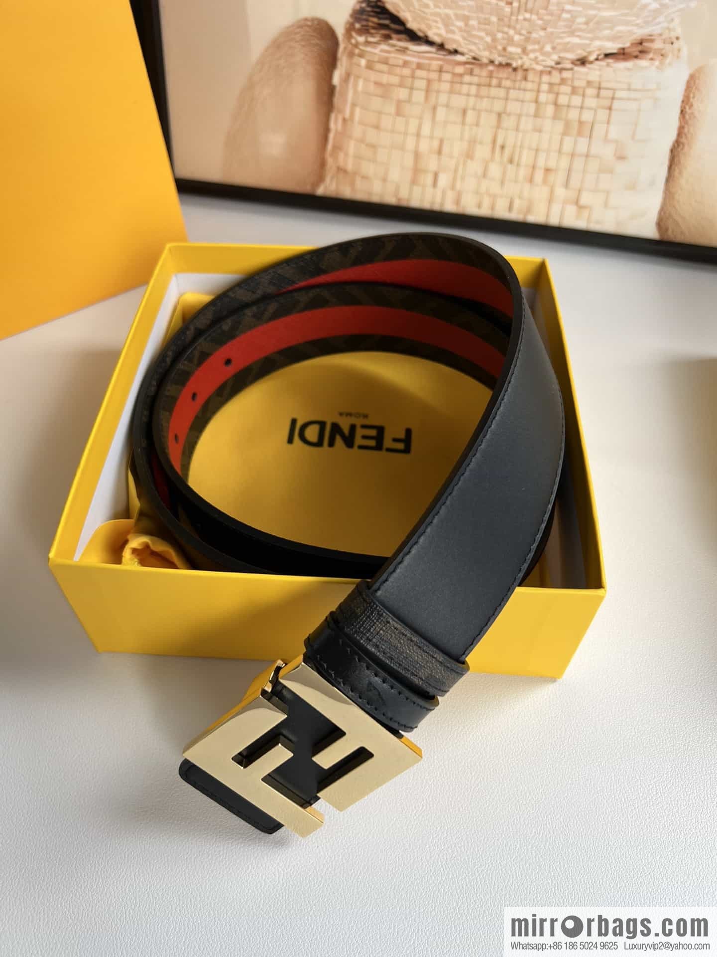 FENDI's latest extraordinary creative gradual change printing dark blue double FF cowhide belt 4.0cm