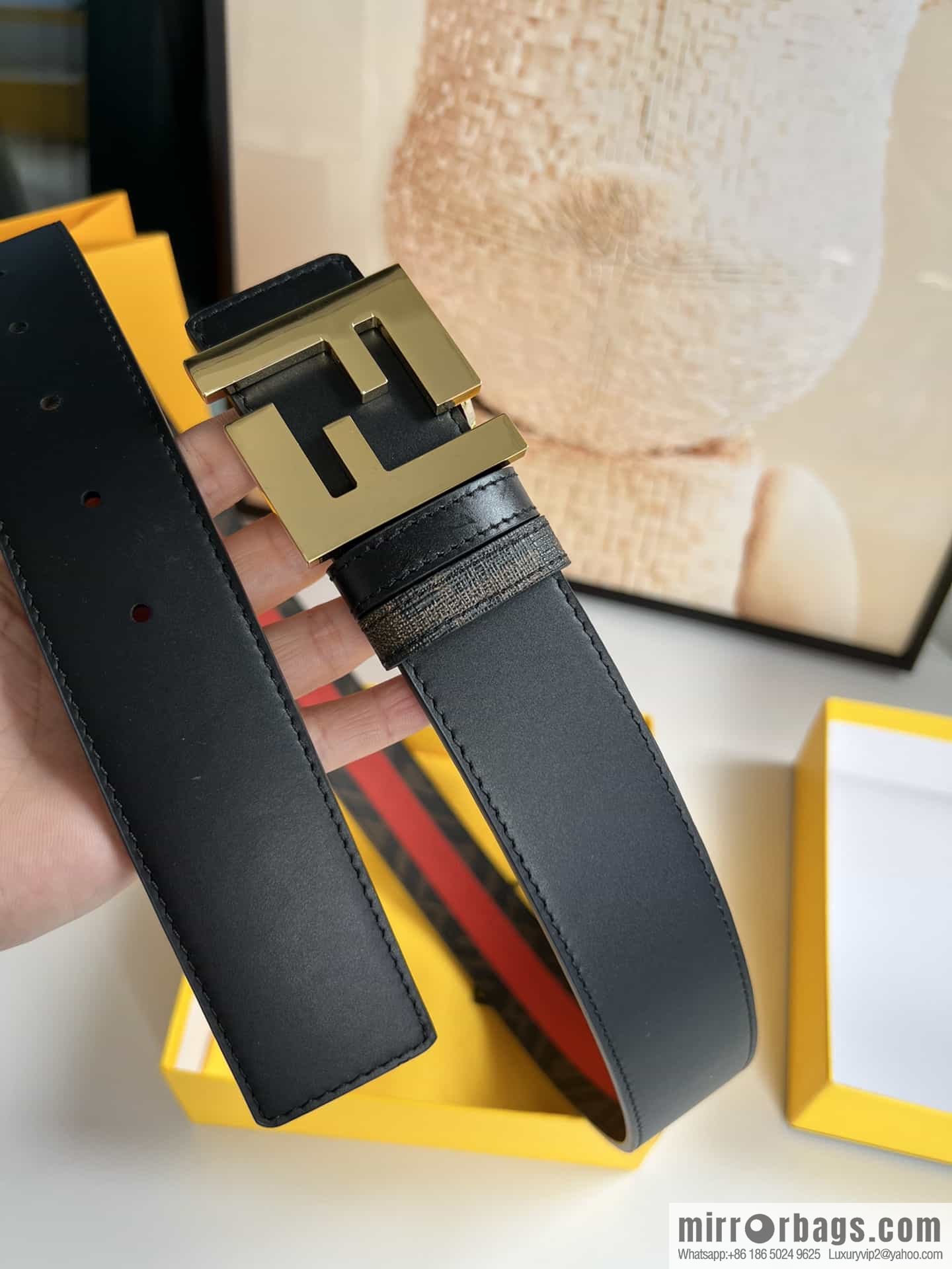 FENDI's latest extraordinary creative gradual change printing dark blue double FF cowhide belt 4.0cm