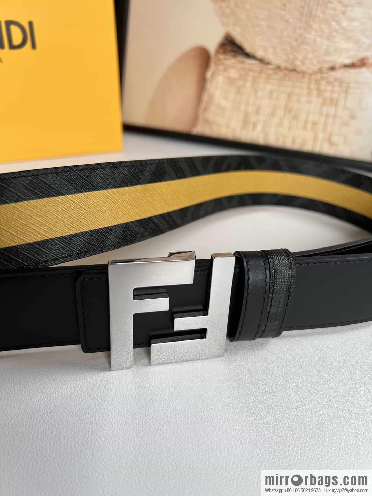 FENDI's latest extraordinary creative gradual change printing dark blue double FF cowhide belt 4.0cm