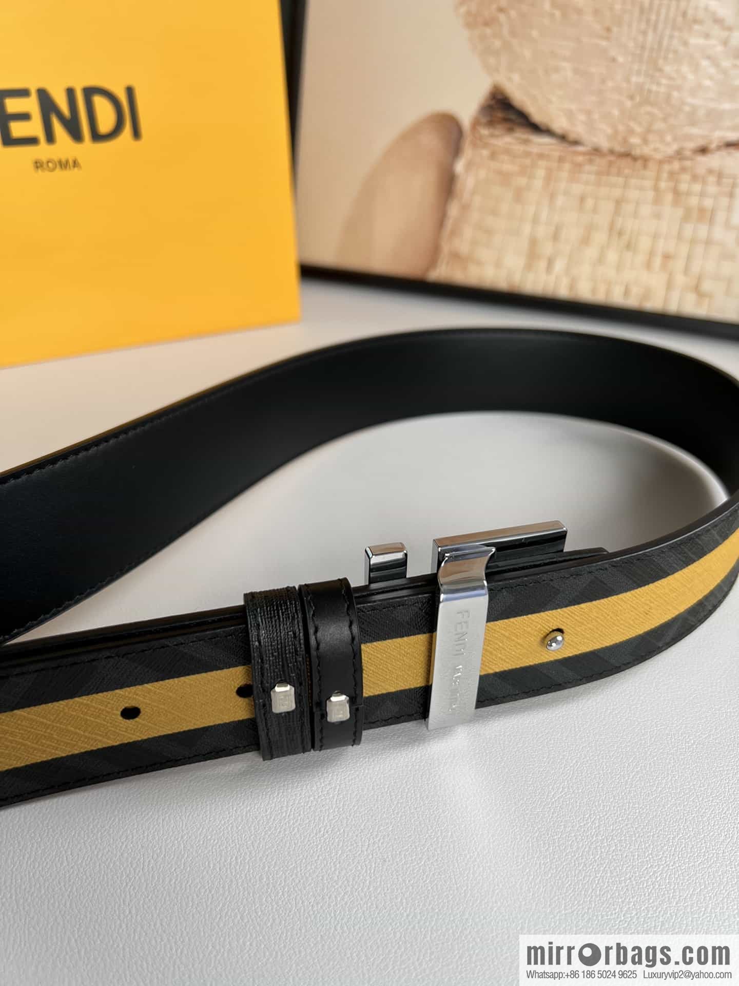 FENDI's latest extraordinary creative gradual change printing dark blue double FF cowhide belt 4.0cm