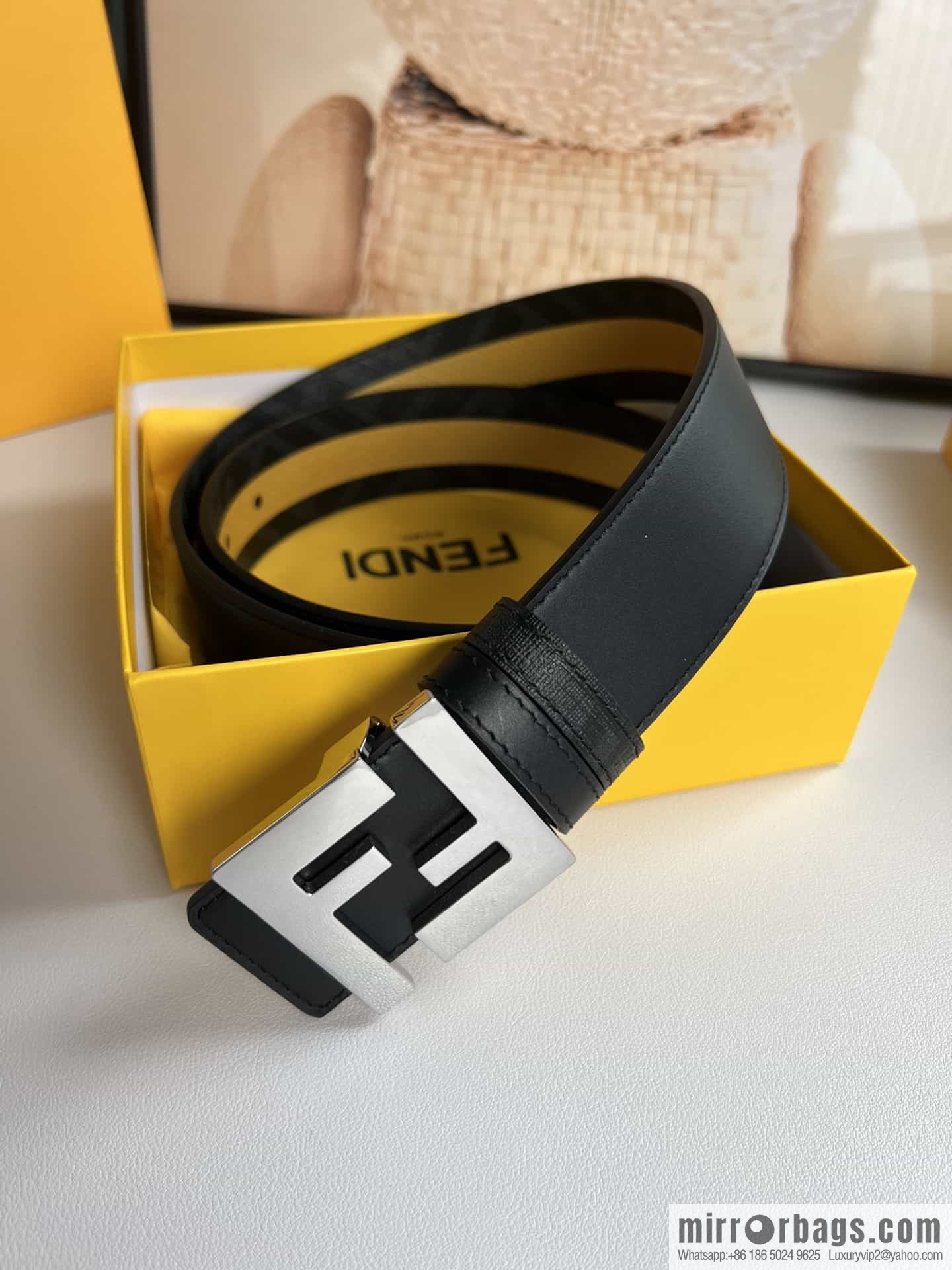 FENDI's latest extraordinary creative gradual change printing dark blue double FF cowhide belt 4.0cm